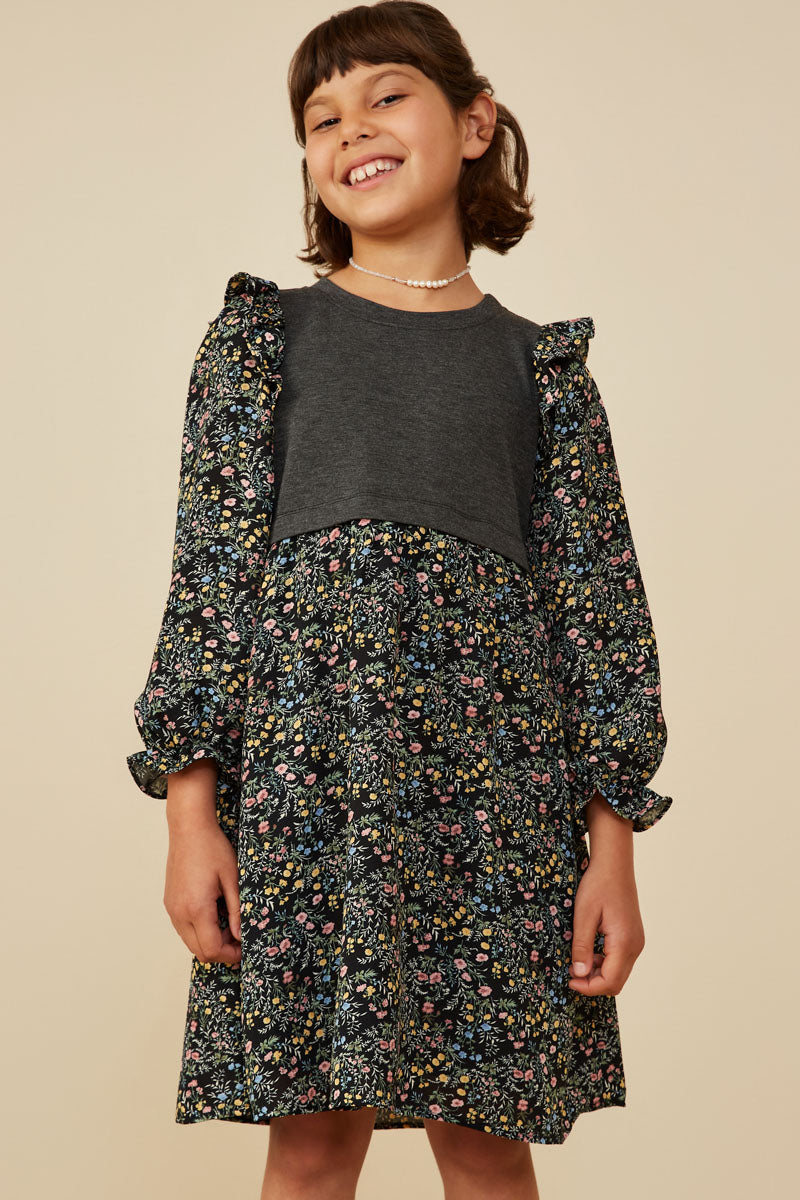 Girls Mix Media Floral Twofer Ruffle Dress - HLA WS product image