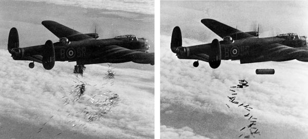 An Airborne Cigar (ABC) Lancaster I of No. 101 Squadron dropping bombs over Duisburg, 1944