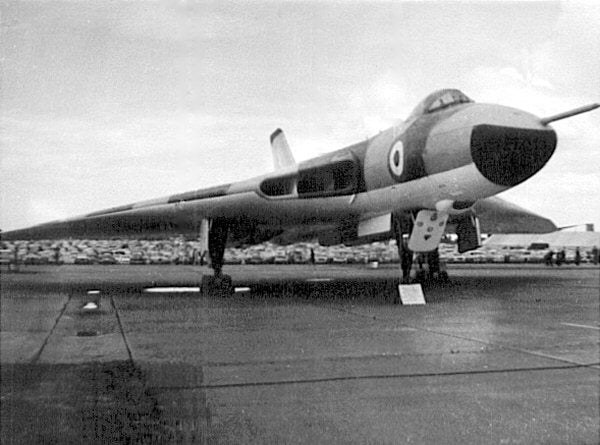 An Avro Vulcan B1A V bomber parked on one of the four rapid dispersal points at Filton during a public air display in the 1960s