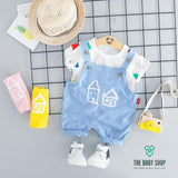 Boys Summer Casual Short-Sleeved Suit Baby Girl Bib Two-Piece Out Of Tide Clothes Blue / 90Cm