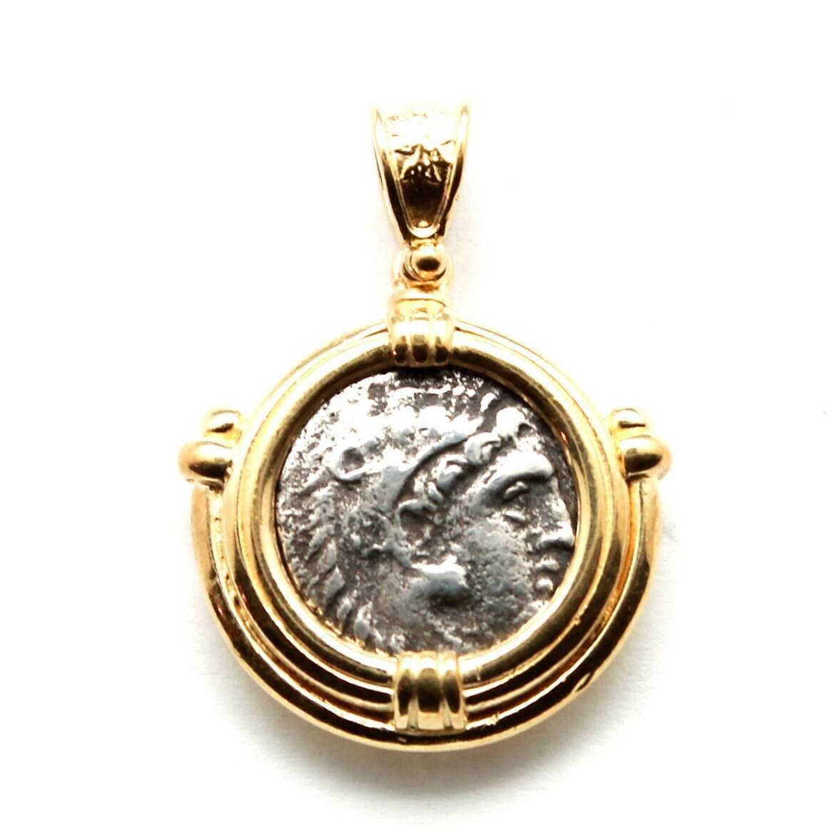 18K Gold Plating, Sterling Silver Pendant, Alexander the Great, Heracles/Zeus, Ancient Greek Drachm Coin, ID13649