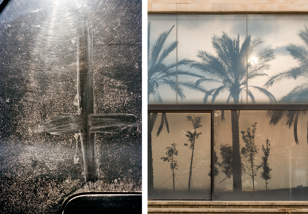 Left: Upside down cross smudge on window. Right: Silhouette of tress through a window.