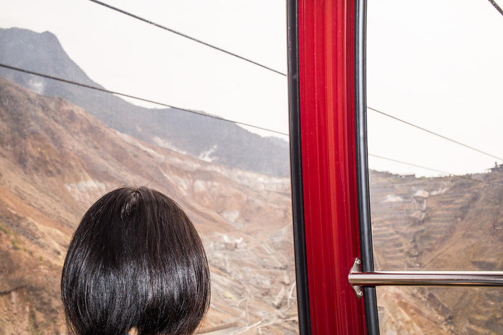 View of mountains through a cable car window, obstructed by a person's head.