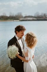 Wedding couple at a lake photographed with film