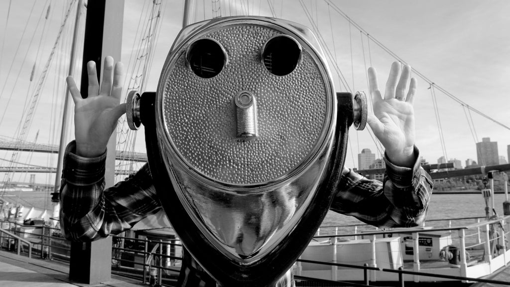 A photo of a person standing behind a telescope that looks like a face. 