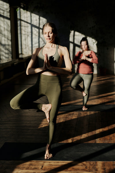 two woman practicing tree pose