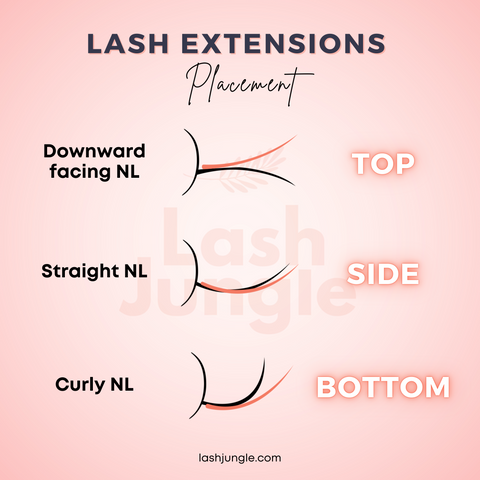 Eyelash extension placement top, side, bottom