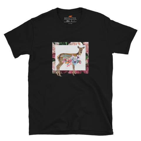 Floral Deer T-Shirt - Black Graphic Deer Tee - Boozy Fox