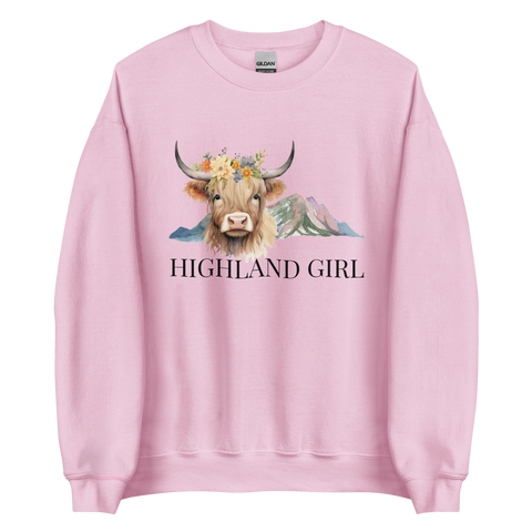 Light Pink Highland Cow Sweatshirt featuring an adorable Highland Girl graphic on the chest - Cute Graphic Highland Cow Sweatshirts - Boozy Fox