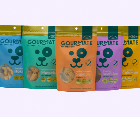 Five packs of Gourmate dog treats lined up