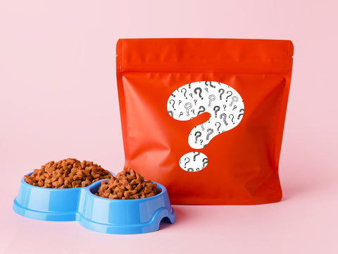 Bag of pet food with a question mark on the label