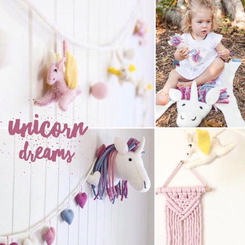 unicorn mellow pink and sunshine yellow garland bunting felt nursery bedroom playroom decorations