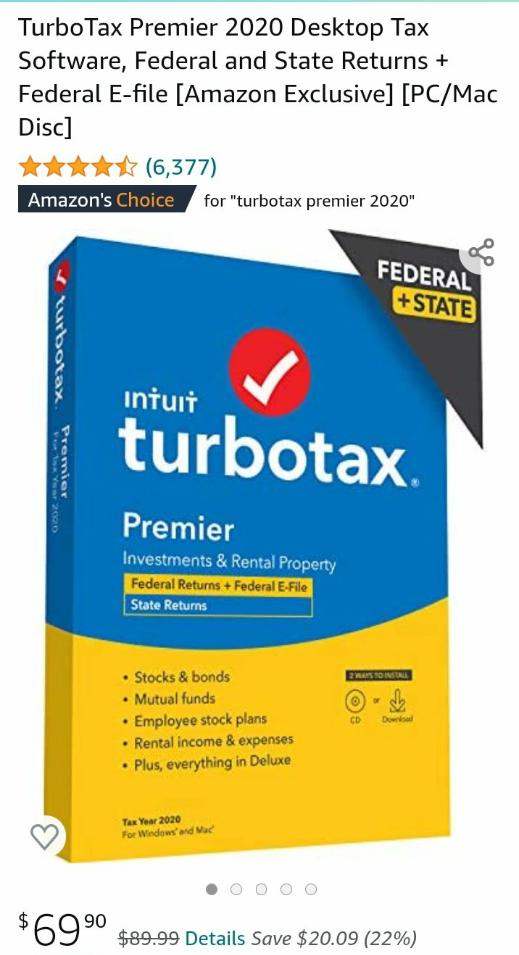 (5/24) (B20) TurboTax Premier 2020 Desktop Tax Software, Federal and S