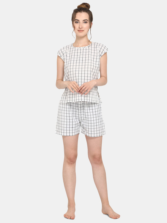 White Checkered Cotton Short Nightsuit Set (MFNIGHT2525)