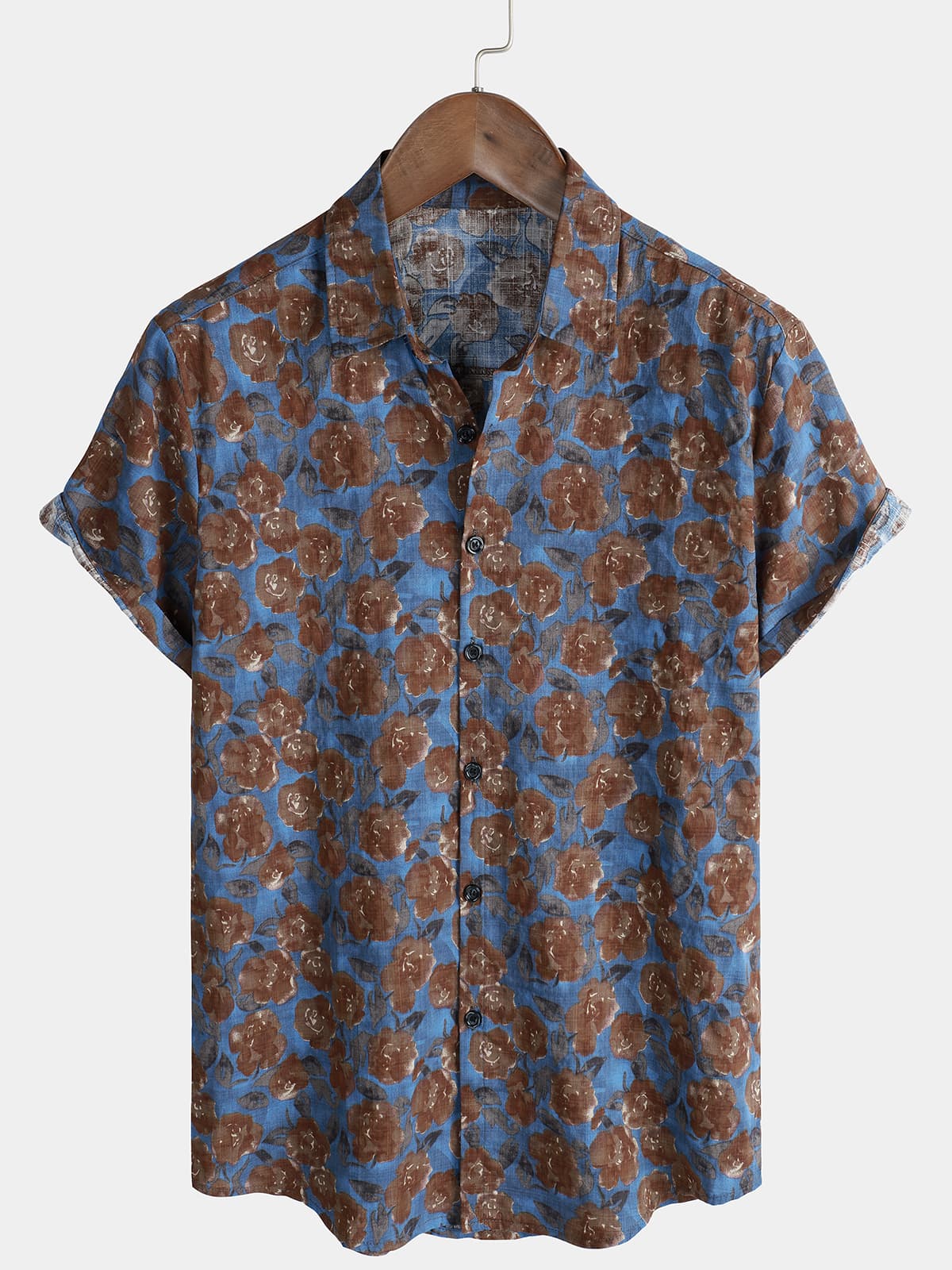 Men's Floral Blue Vintage Short Sleeve Summer Cotton Button Up Shirt - Alsofitit product image