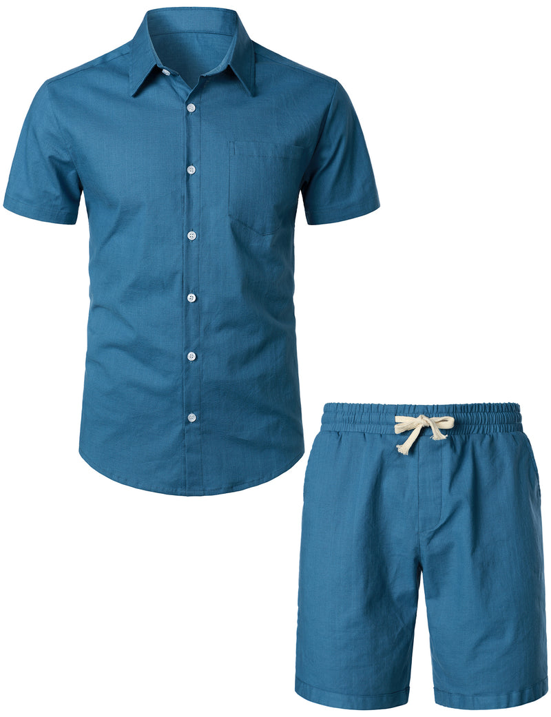 Chemises et shorts à manches courtes en lin et coton de couleur unie pour hommes