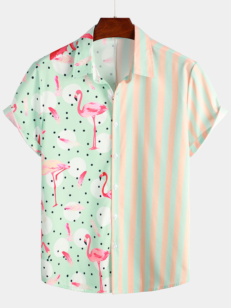 Men's Flamingo and Green Pink Striped Patchwork Pocket Hawaiian Shirt & Shorts Set