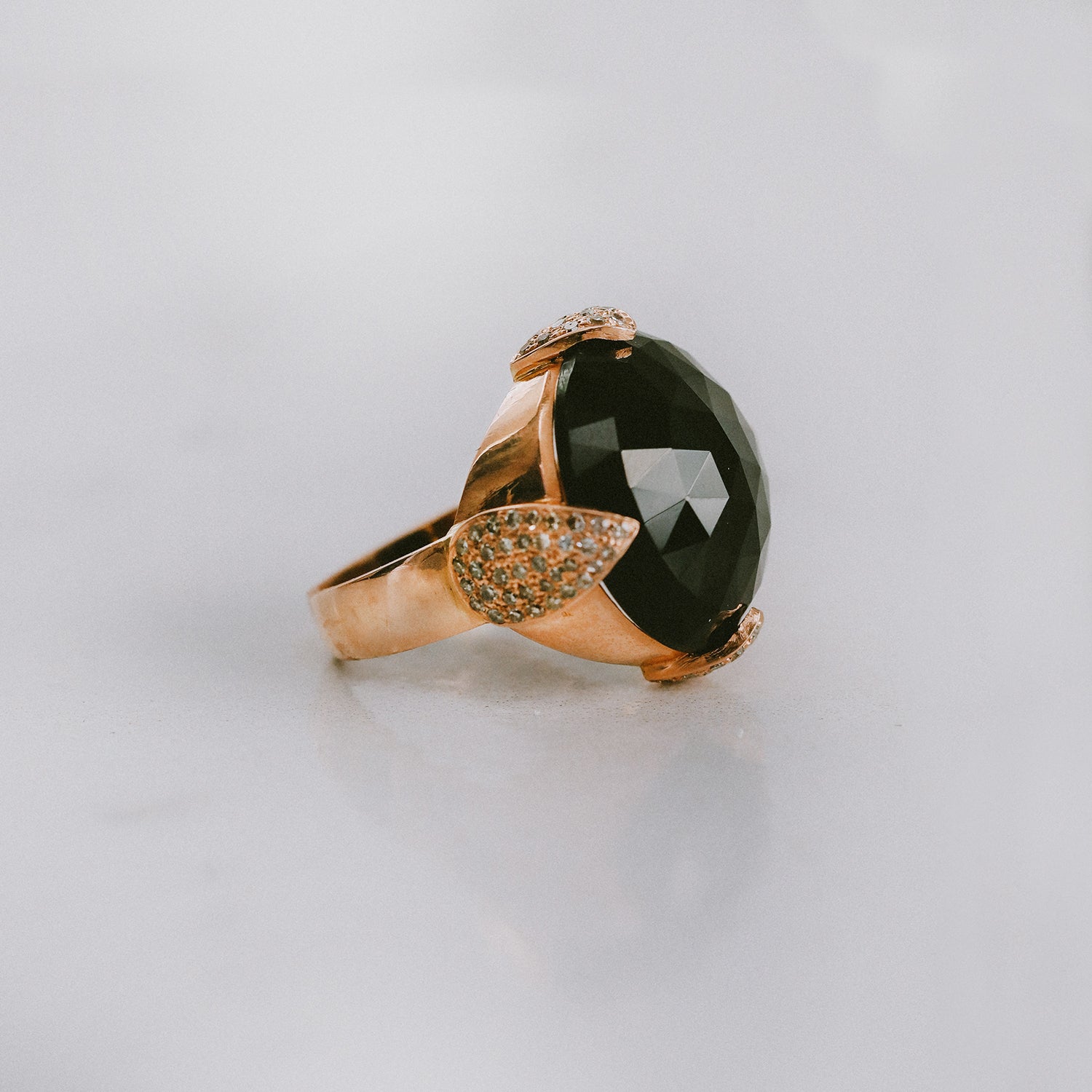 14K Rose Gold and Obsidian Ring with Diamond Claw Prongs