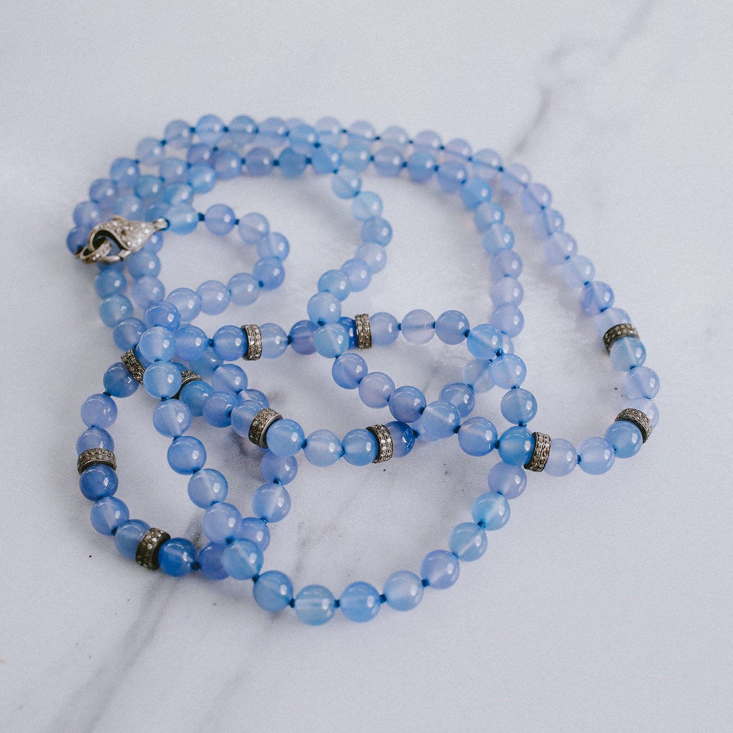 Victorian Blue Agate Knotted Necklace with Diamond Rondelles