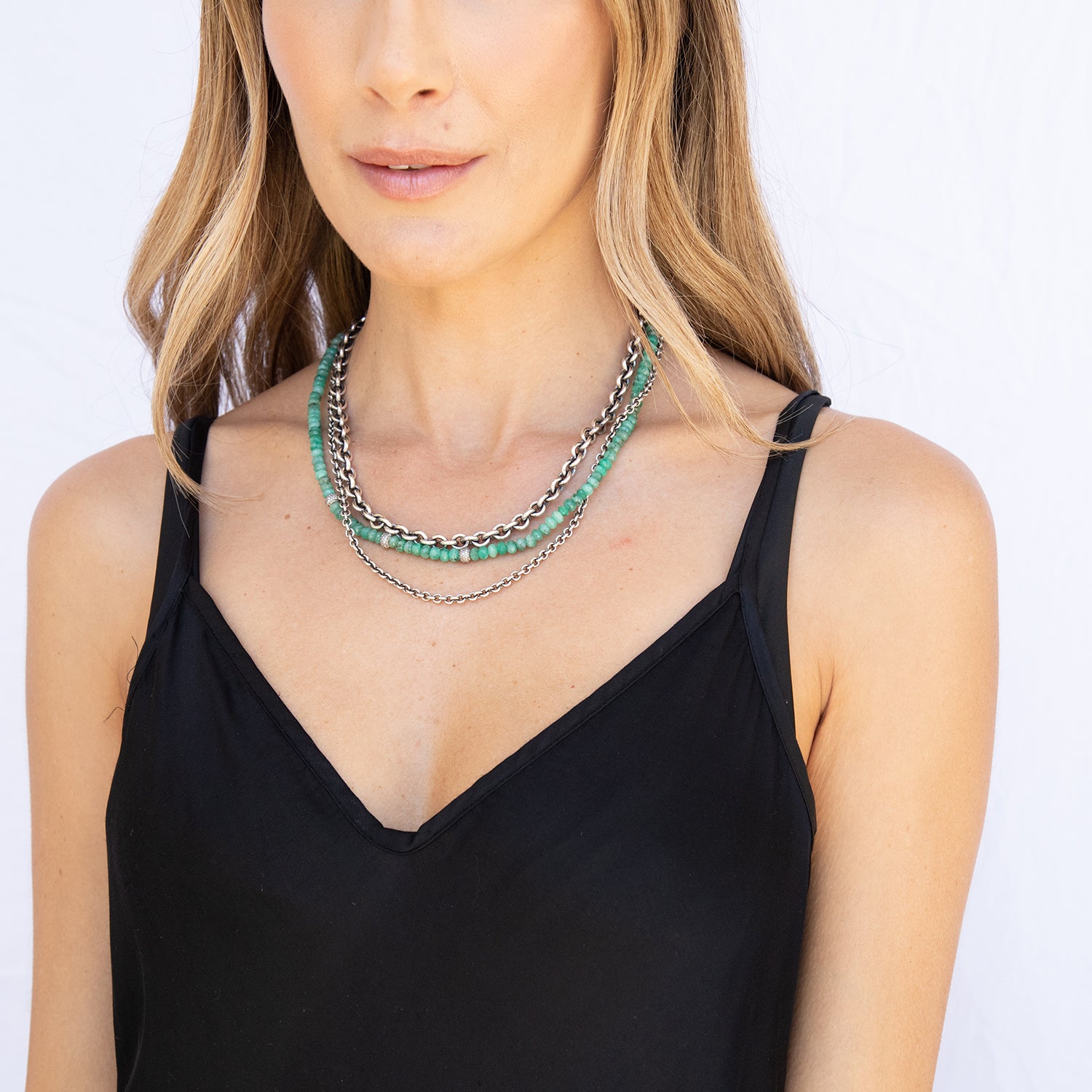 Emerald Gemstone Meets Chain Triple Strand Necklace