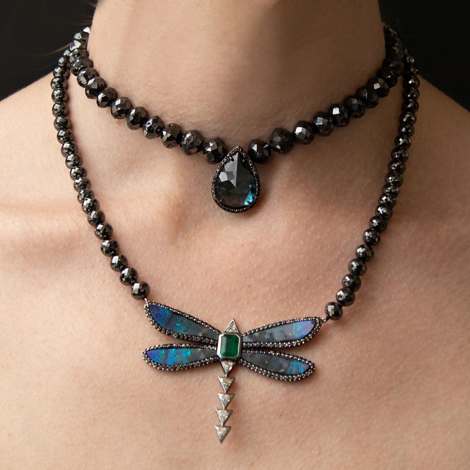 One of a Kind Boulder Opal and Emerald Dragonfly on Raw Black Diamond Chain