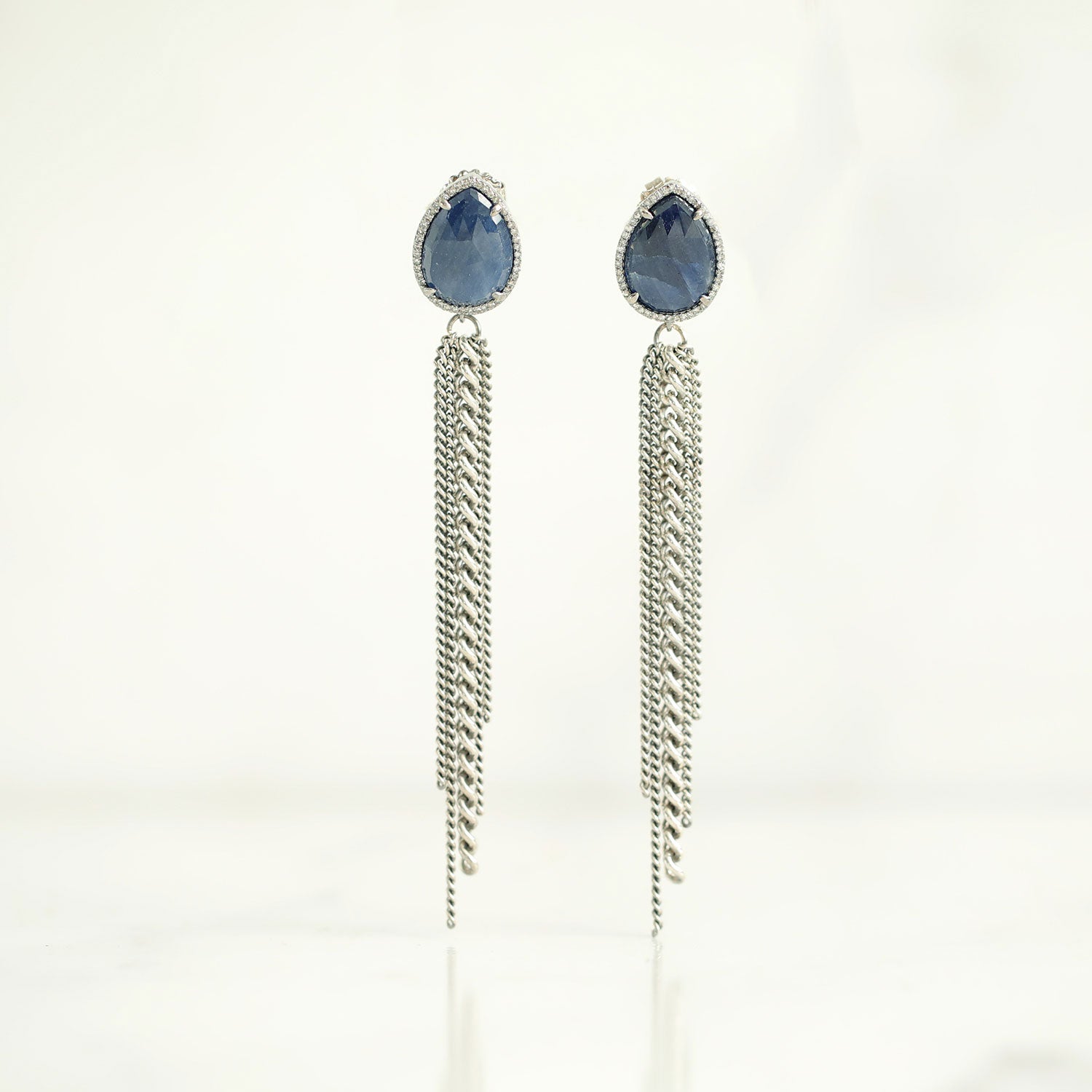Sapphire Teardrop Chain Fringe Earrings