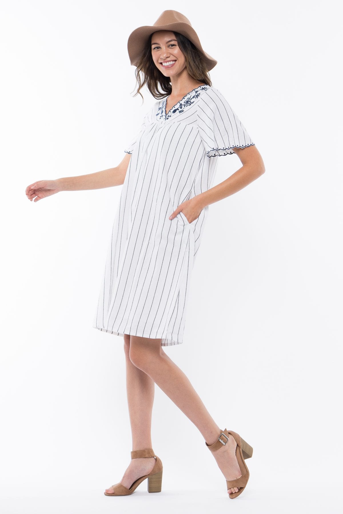 Image of Pinstripe Embroidered Modest Summer Dress, Cool Modest Summer Dress, White, LDS Modest Dresses