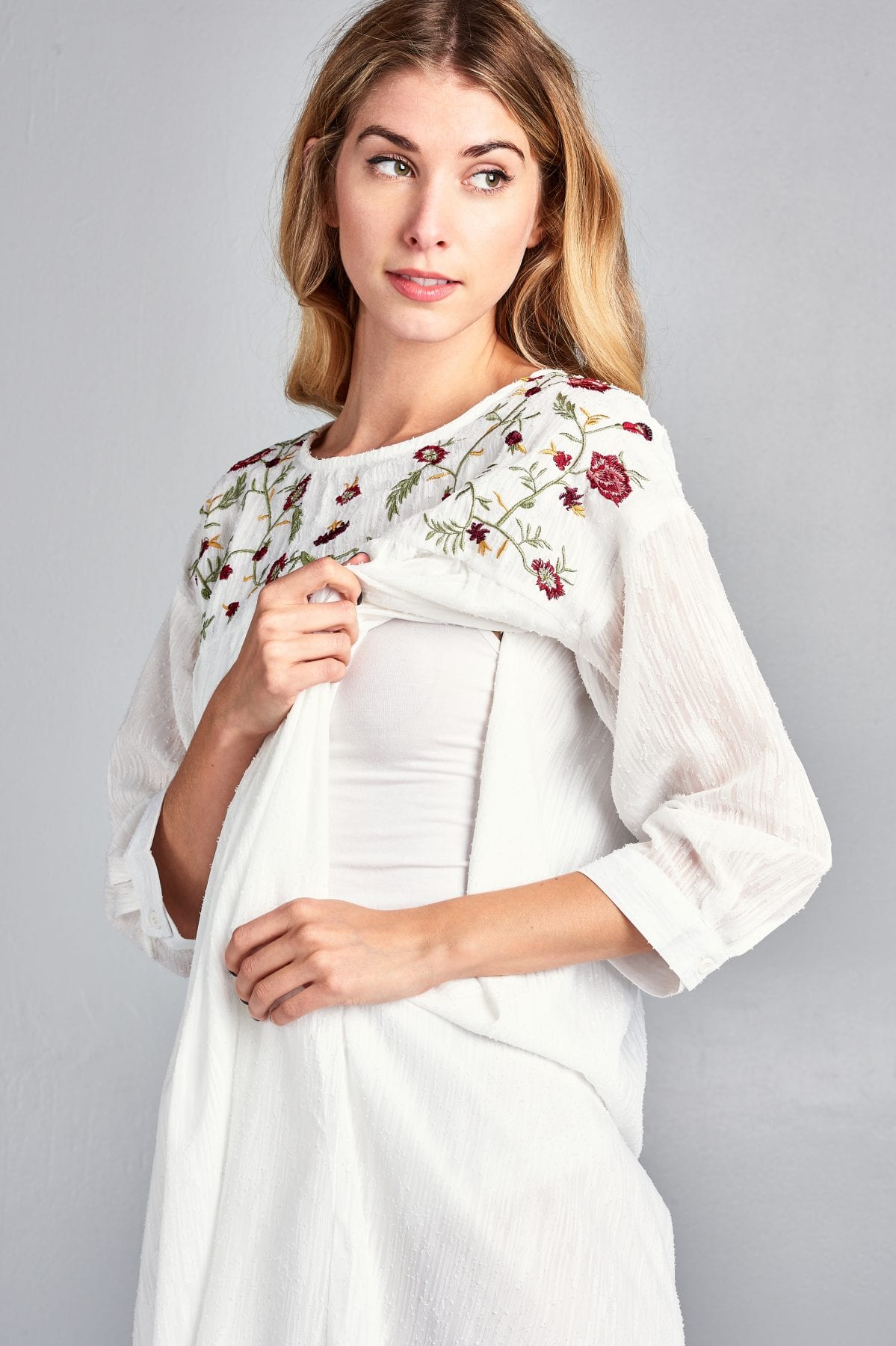 Image of Embroidered Modest Nursing Dress, White Summer Dress with Zippers on Both Sides, Breastfeeding, Postnatal, Maternity