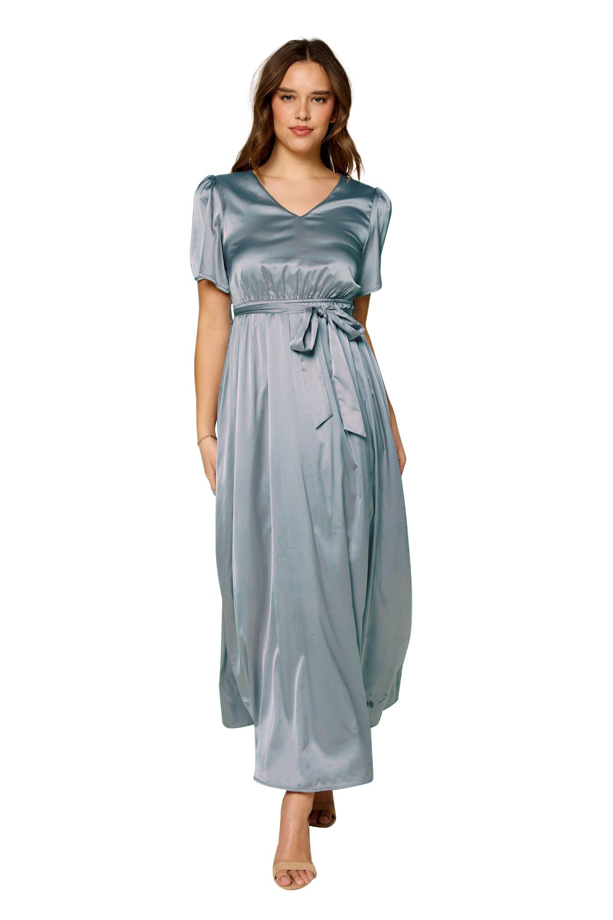 Joyful Dress In Dusty Teal Satin – St Frock