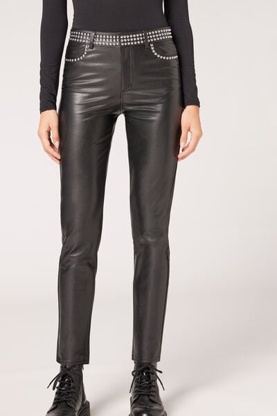 Skinny Thermal Coated-Effect Leggings with Ties - Calzedonia