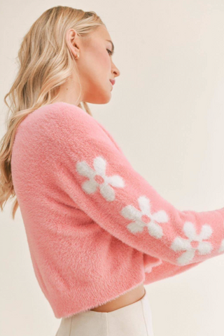 Sadie and Sage Self Love Fuzzy Flower Cardigan at Allure Boutique in Libertyville, IL