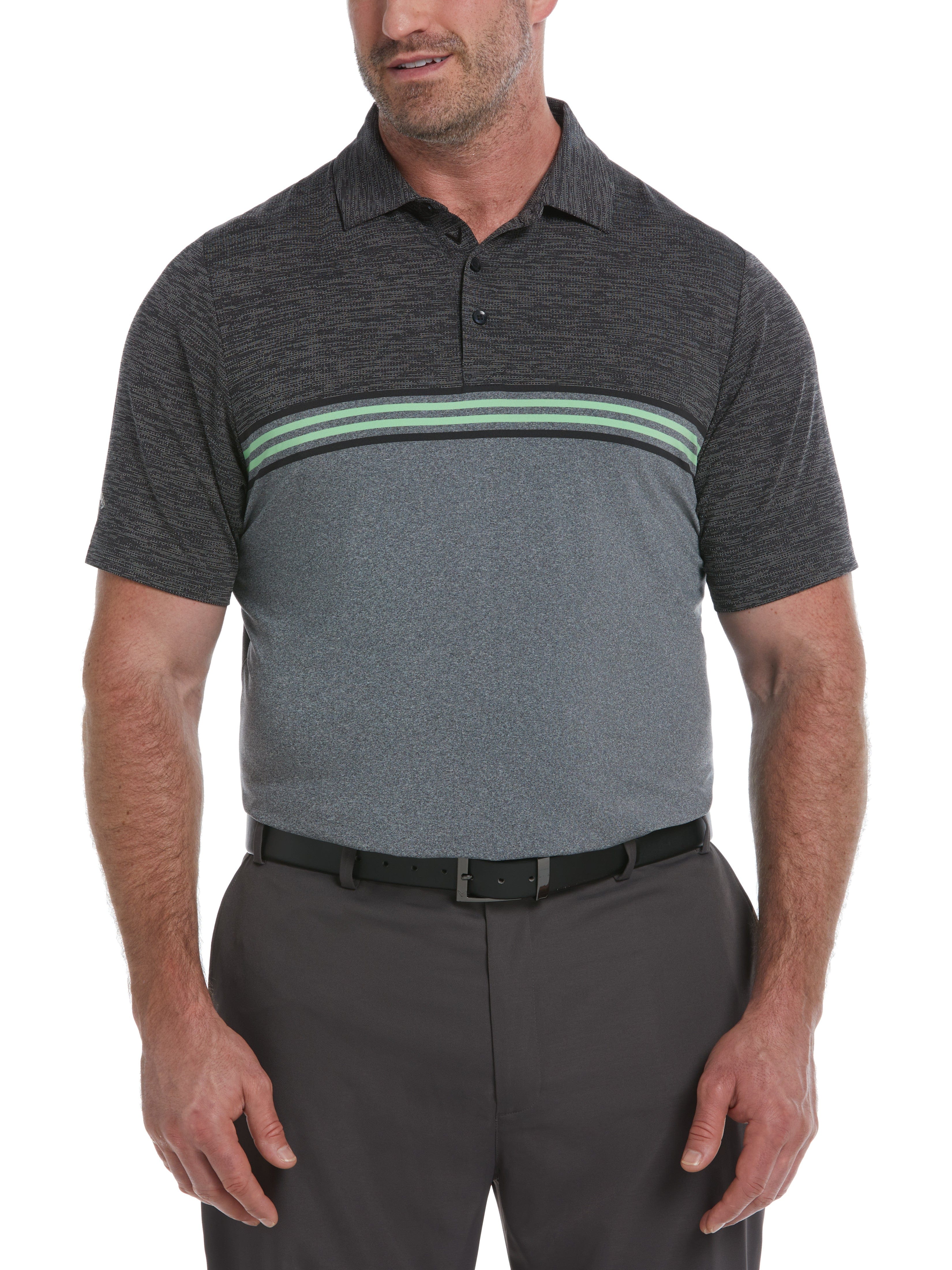 Callaway Apparel Mens Big & Tall Yarn Dyed Ventilated Jaspe Engineered Stripe Golf Polo Shirt, Size XLT, Caviar Heather Black, Polyester/Recycled Pol