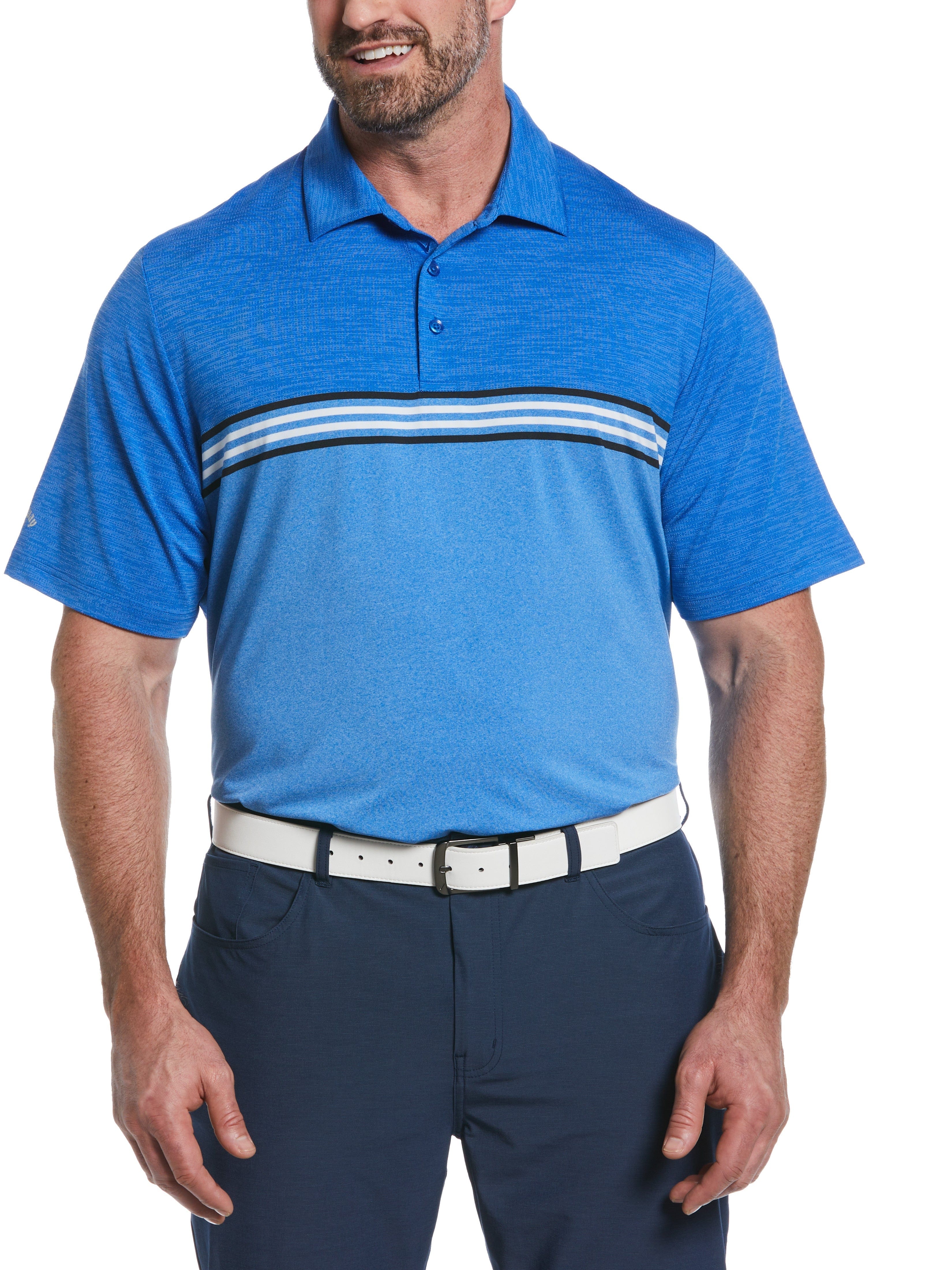Callaway Apparel Mens Big & Tall Yarn Dyed Ventilated Jaspe Engineered Stripe Golf Polo Shirt, Size 2XLT, Magnetic Heather Blue, Polyester/Recycled P