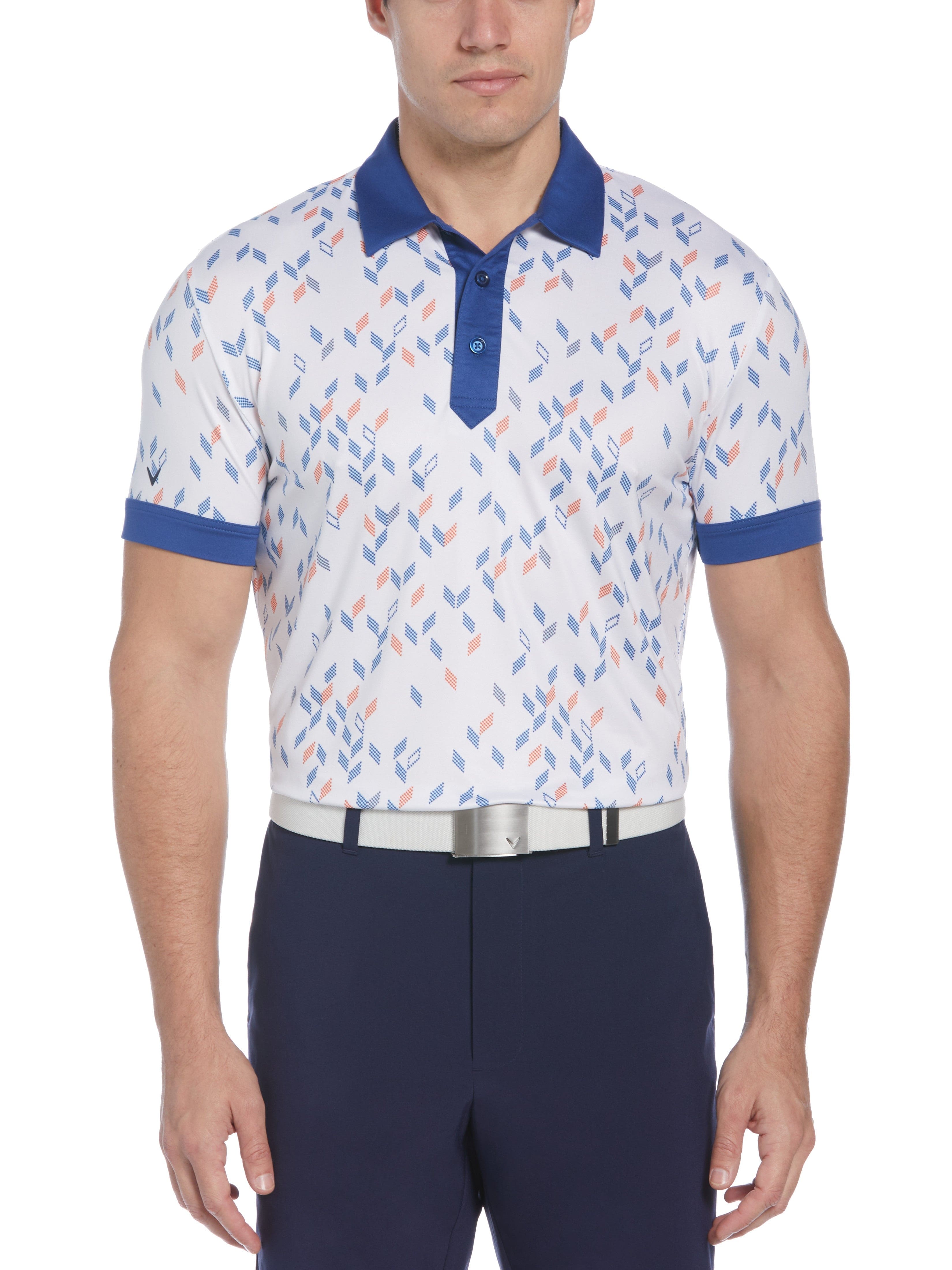 Callaway Apparel Mens All-Over Geo Chevron Print Golf Polo Shirt, Size 2XL, White, Poly Blend | Golf Apparel Shop