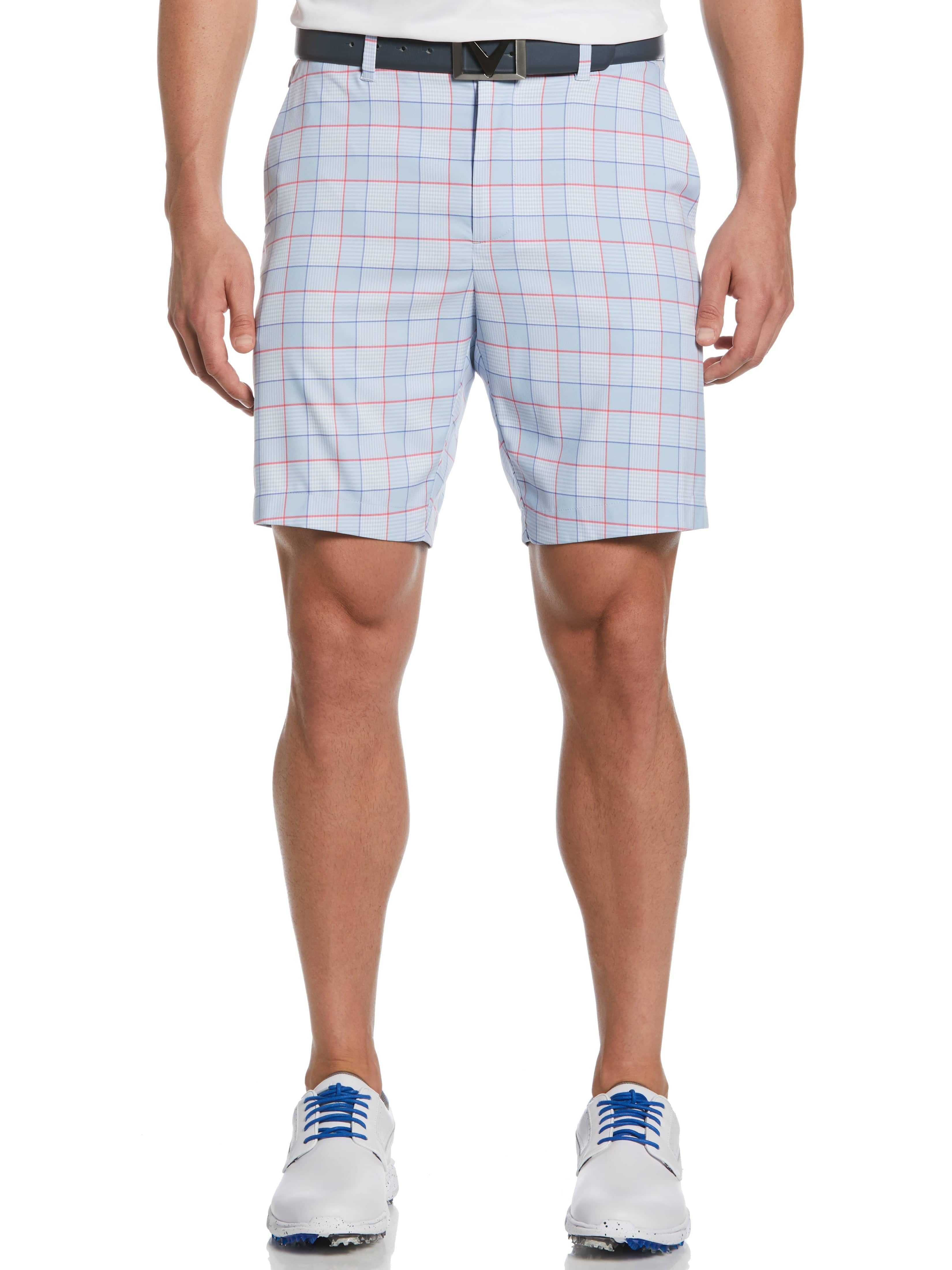 Callaway Apparel Mens Flat Front Yarn Dye Heritage Plaid Ergo Golf Shorts, Size 38, Chambray Blue, Poly Blend | Golf Apparel Shop