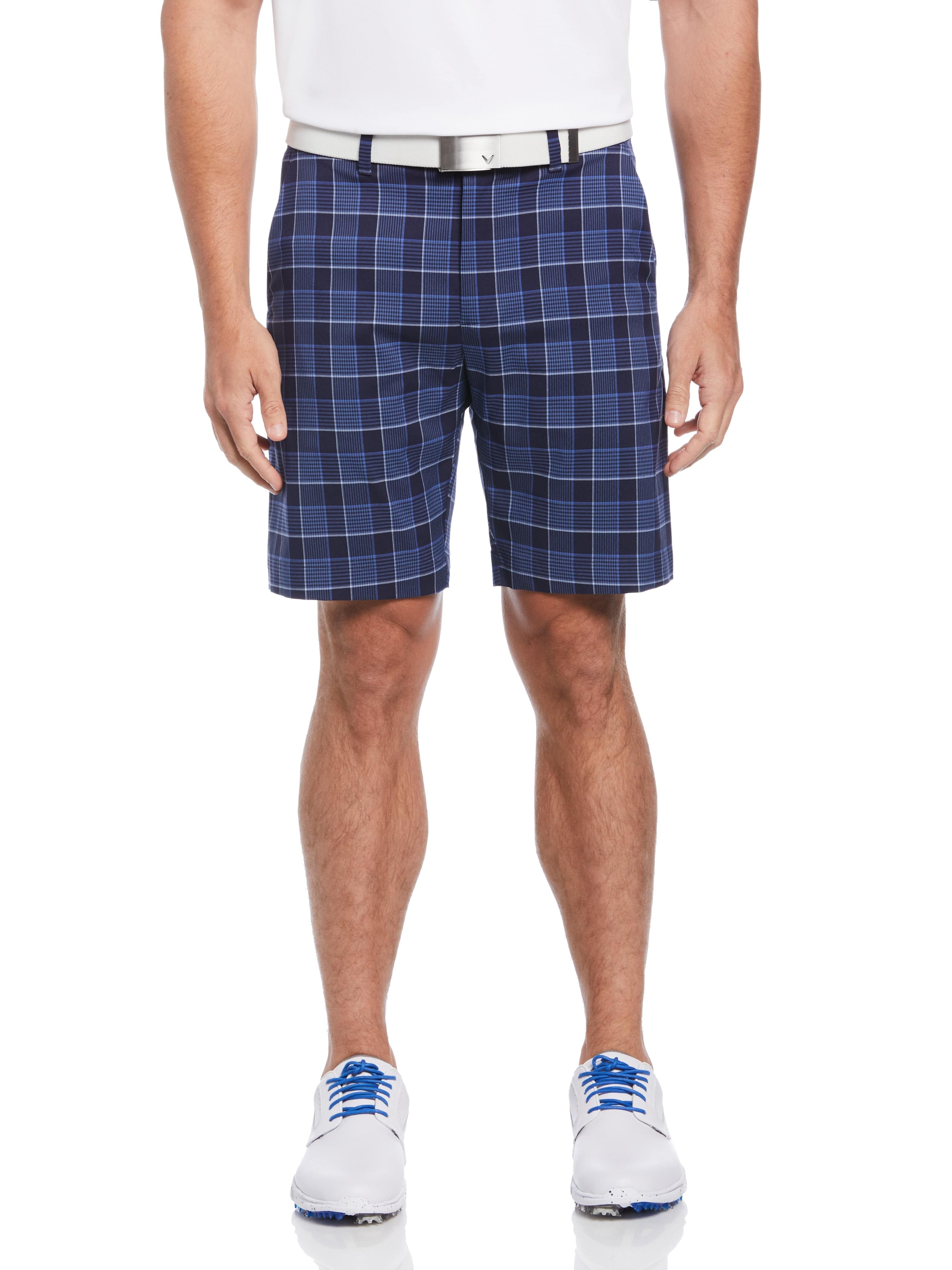 Callaway Apparel Mens Flat Front Yarn Dye Heritage Plaid Ergo Golf Shorts, Size 32, Navy Blue, Poly Blend | Golf Apparel Shop