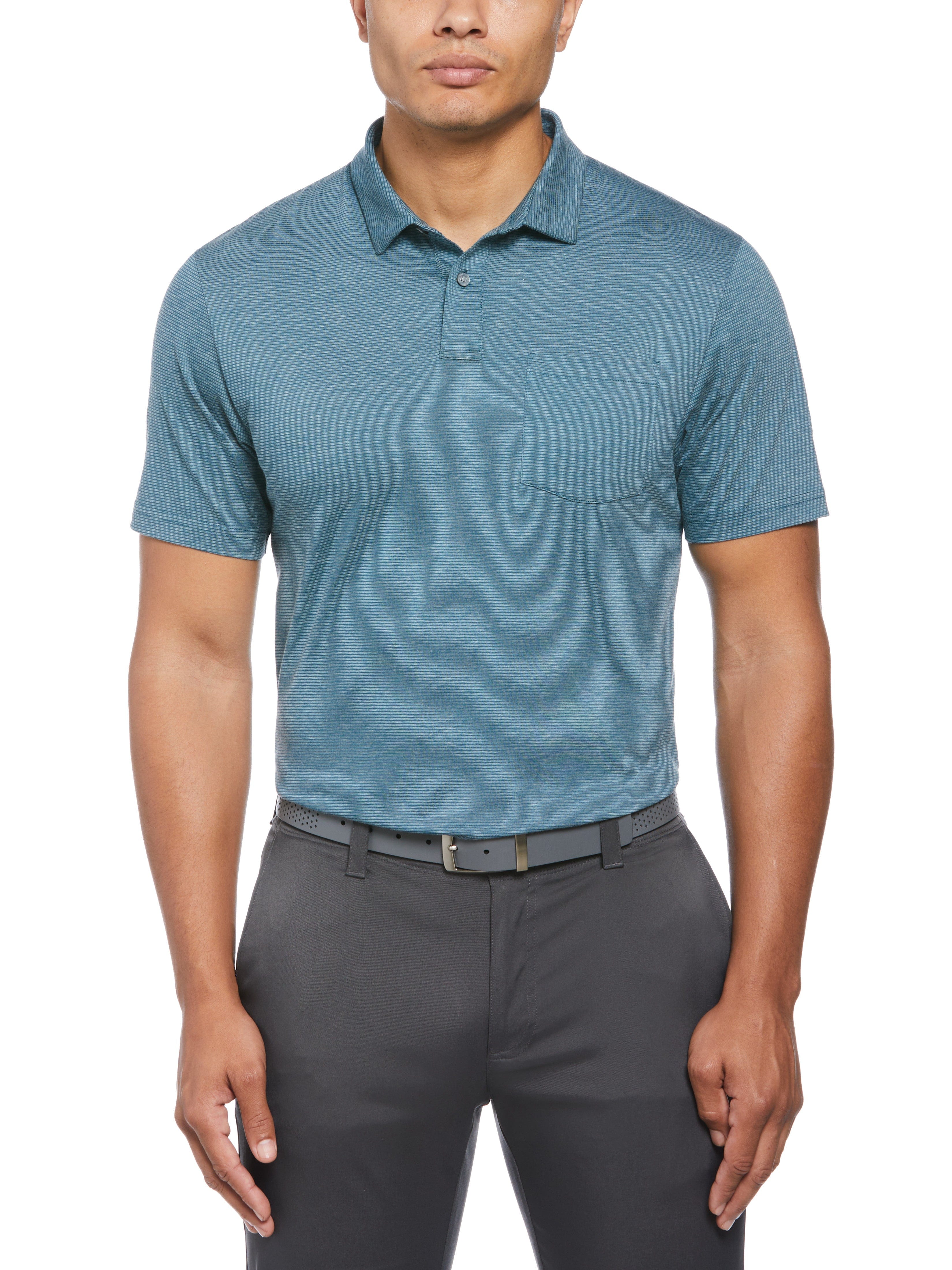 PGA TOUR Apparel Mens Short Sleeve Fine Line Eco Polo Shirt w/ Pocket, Size Small, Mallard Bl Heather Blue, Polyester/Recycled Polyester/Cotton