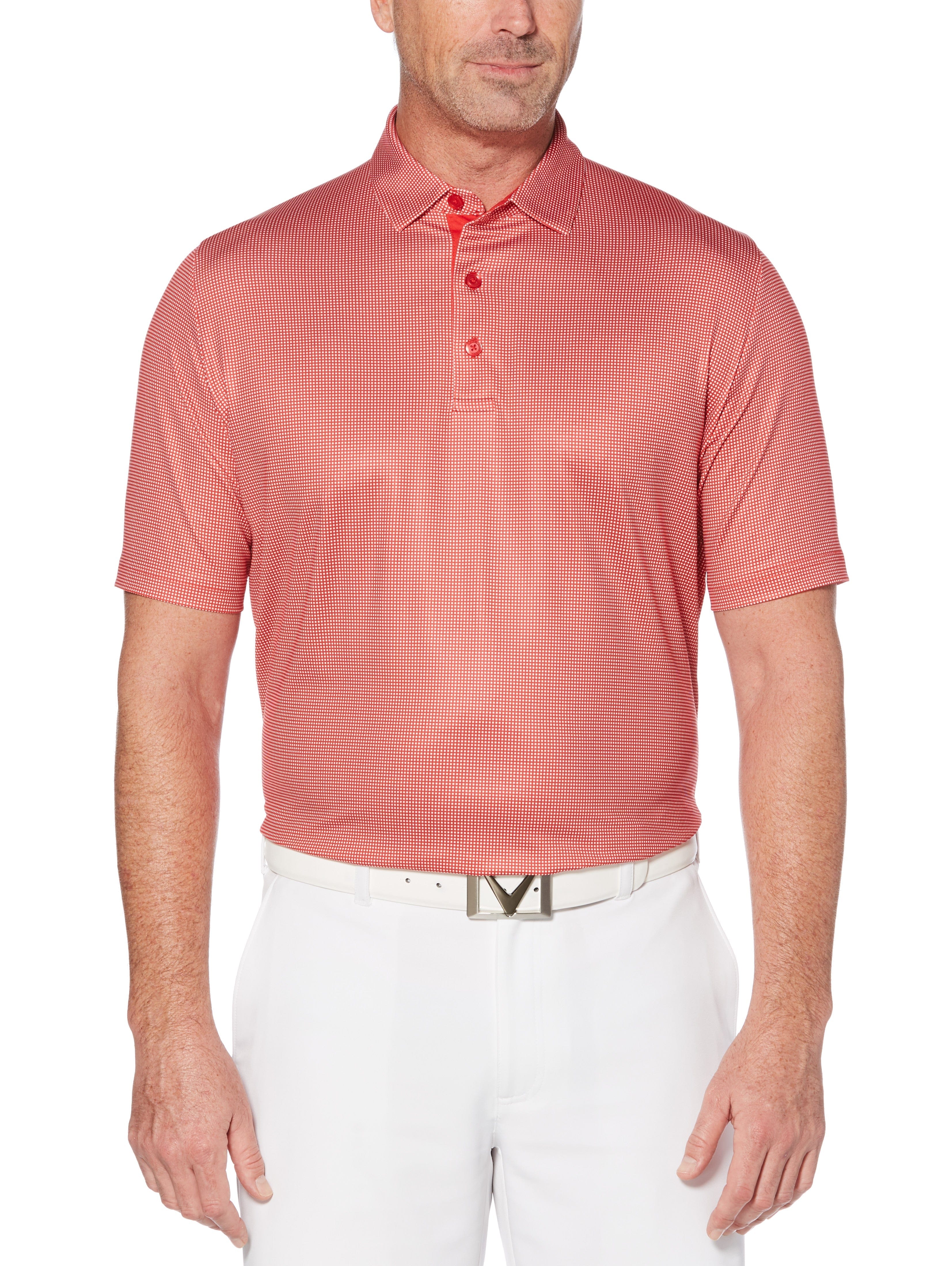 Callaway Apparel Mens Swing Tech Printed Gingham Polo Shirt, Size Medium, Tango Red, Polyester/Elastane | Golf Apparel Shop