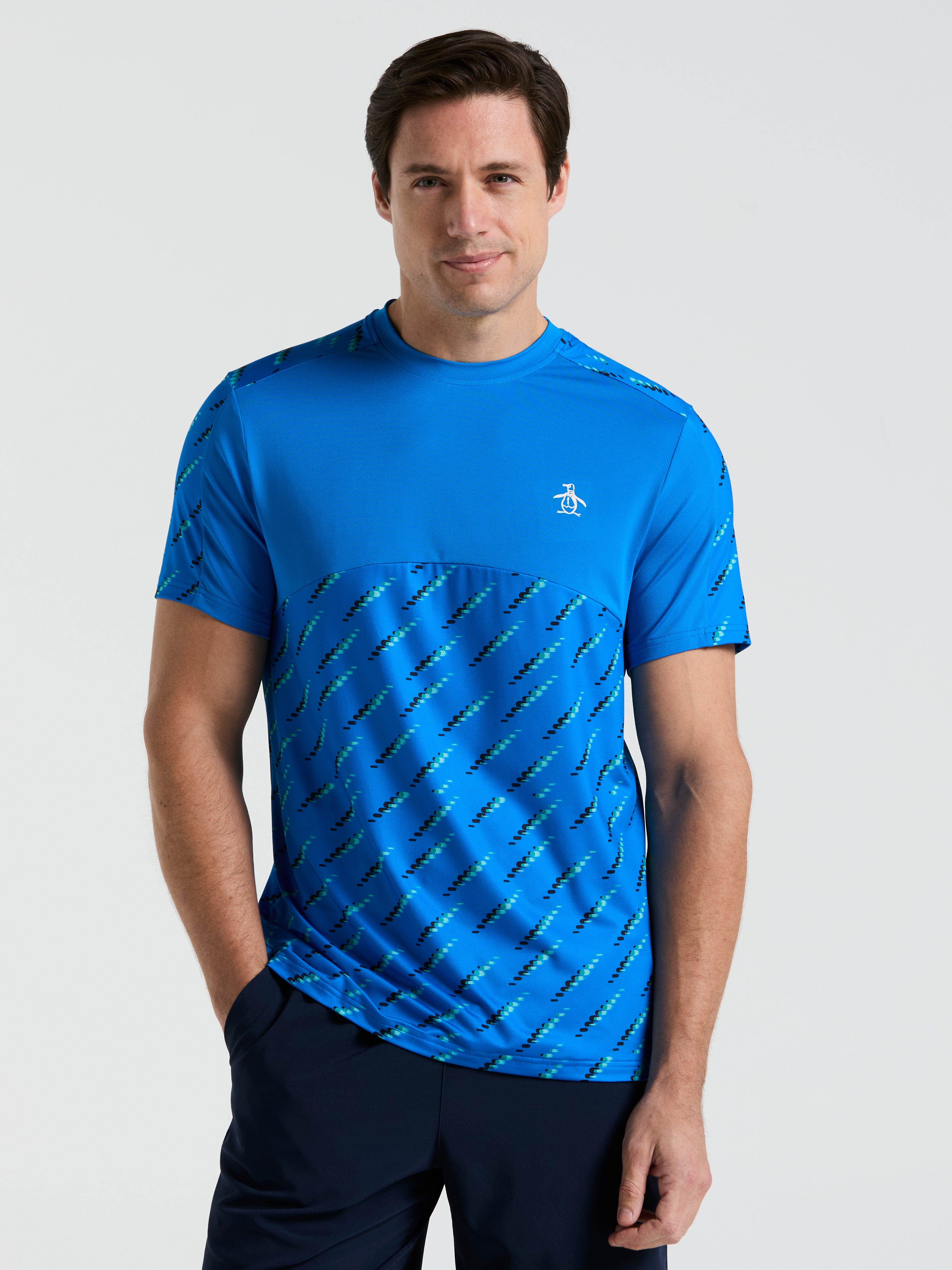 Original Penguin Mens Tennis Performance Ball Block T-Shirt, Size Large, Elect Blue Lmnade, Polyester/Recycled Polyester/Elastane | Golf Apparel Shop