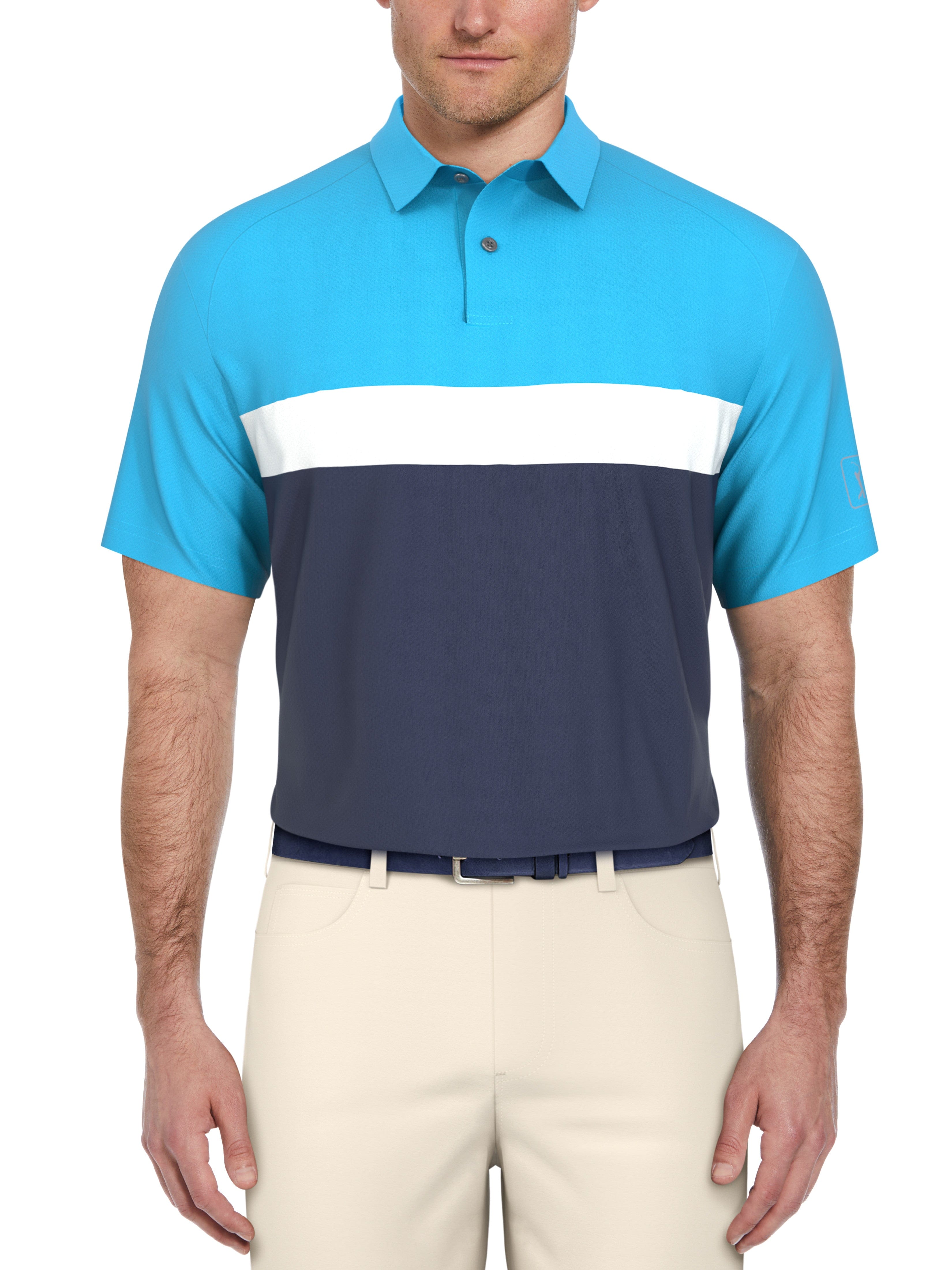 PGA TOUR Mens Textured Color Block Golf Polo Shirt, Size Small, Spring Break Blue, Polyester/Elastane | Golf Apparel Shop