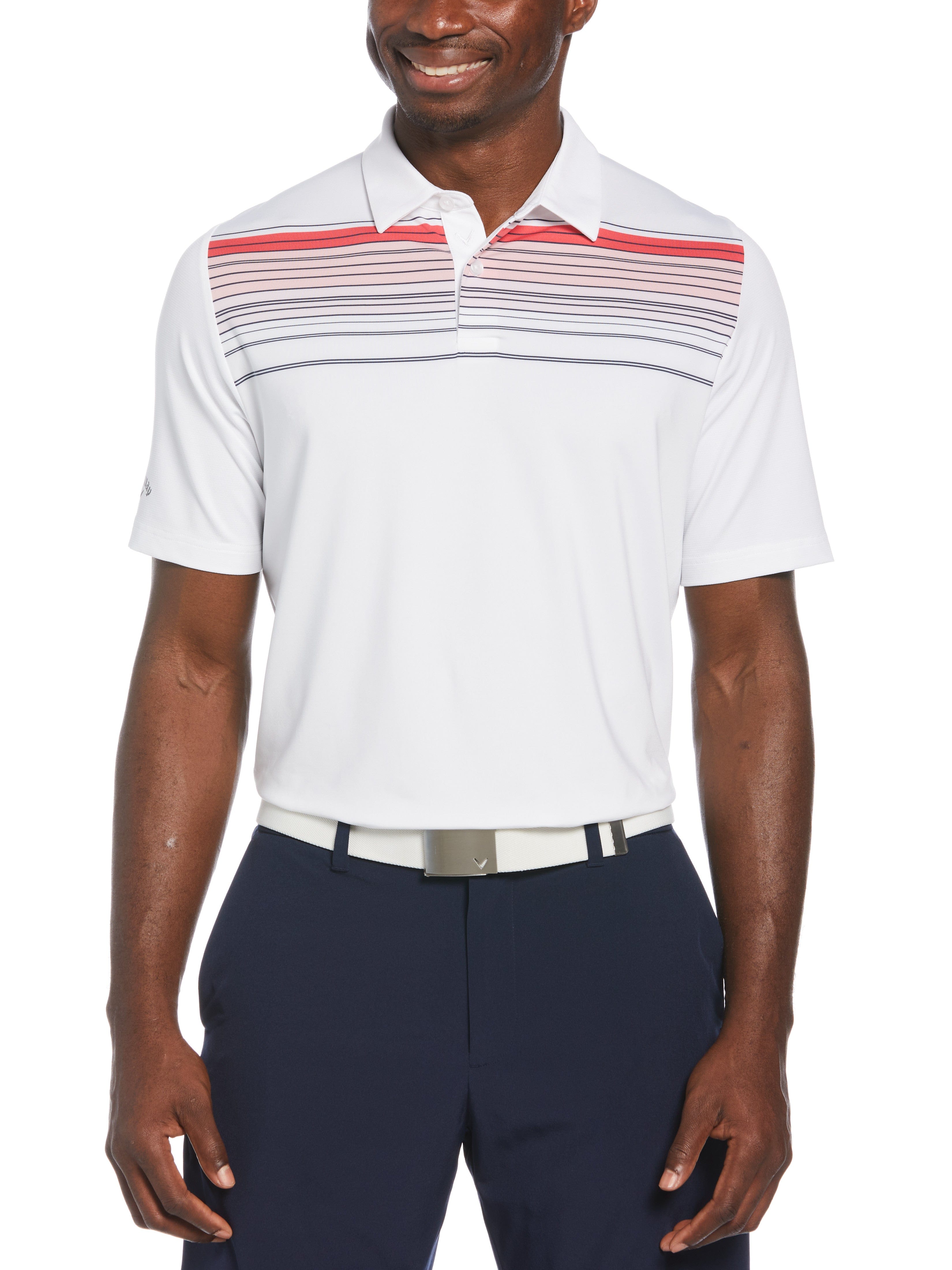 Callaway Apparel Mens Yarn Dyed Energized Engineered Stripe Golf Polo Shirt, Size Small, White, Polyester/Recycled Polyester/Elastane