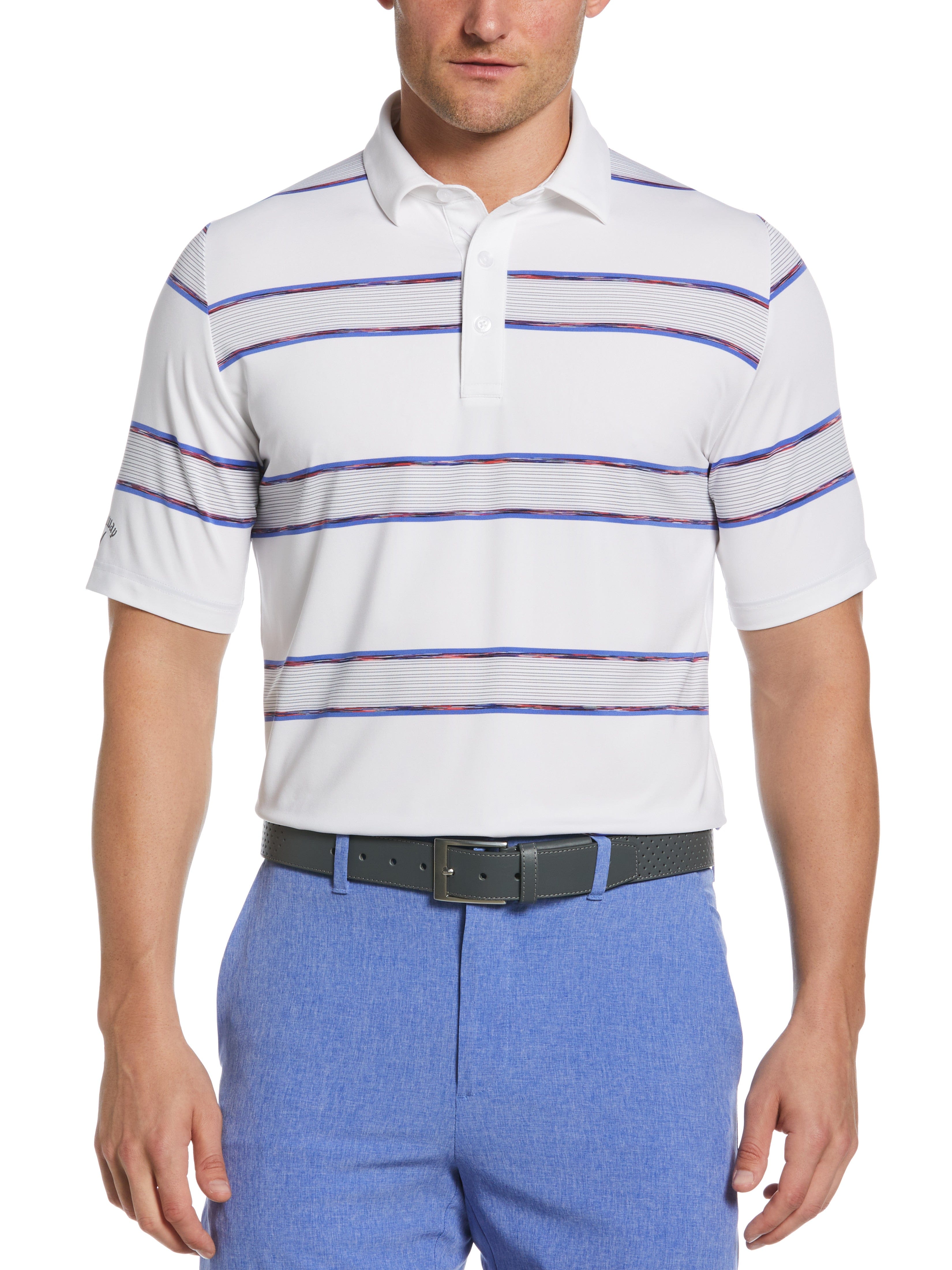 Callaway Apparel Mens Yarn Dyed Space Dye Filtered Stripe Golf Polo Shirt, Size Small, White, Recycled Polyester/Polyester/Elastane