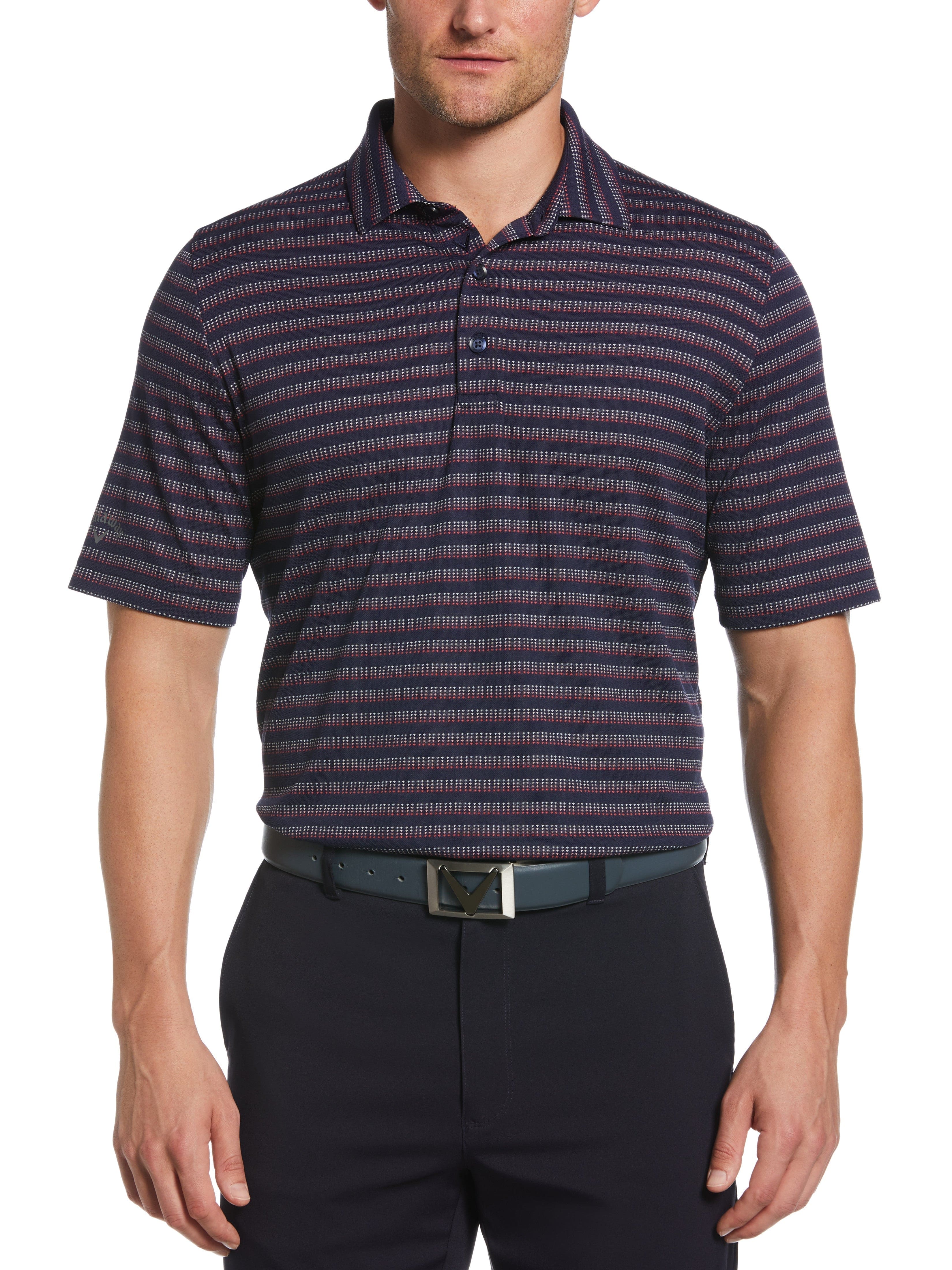 Callaway Apparel Mens Yarn Dyed Ventilated Jacquard Stripe Golf Polo Shirt, Size Small, Navy Blue, Polyester/Recycled | Golf Apparel Shop