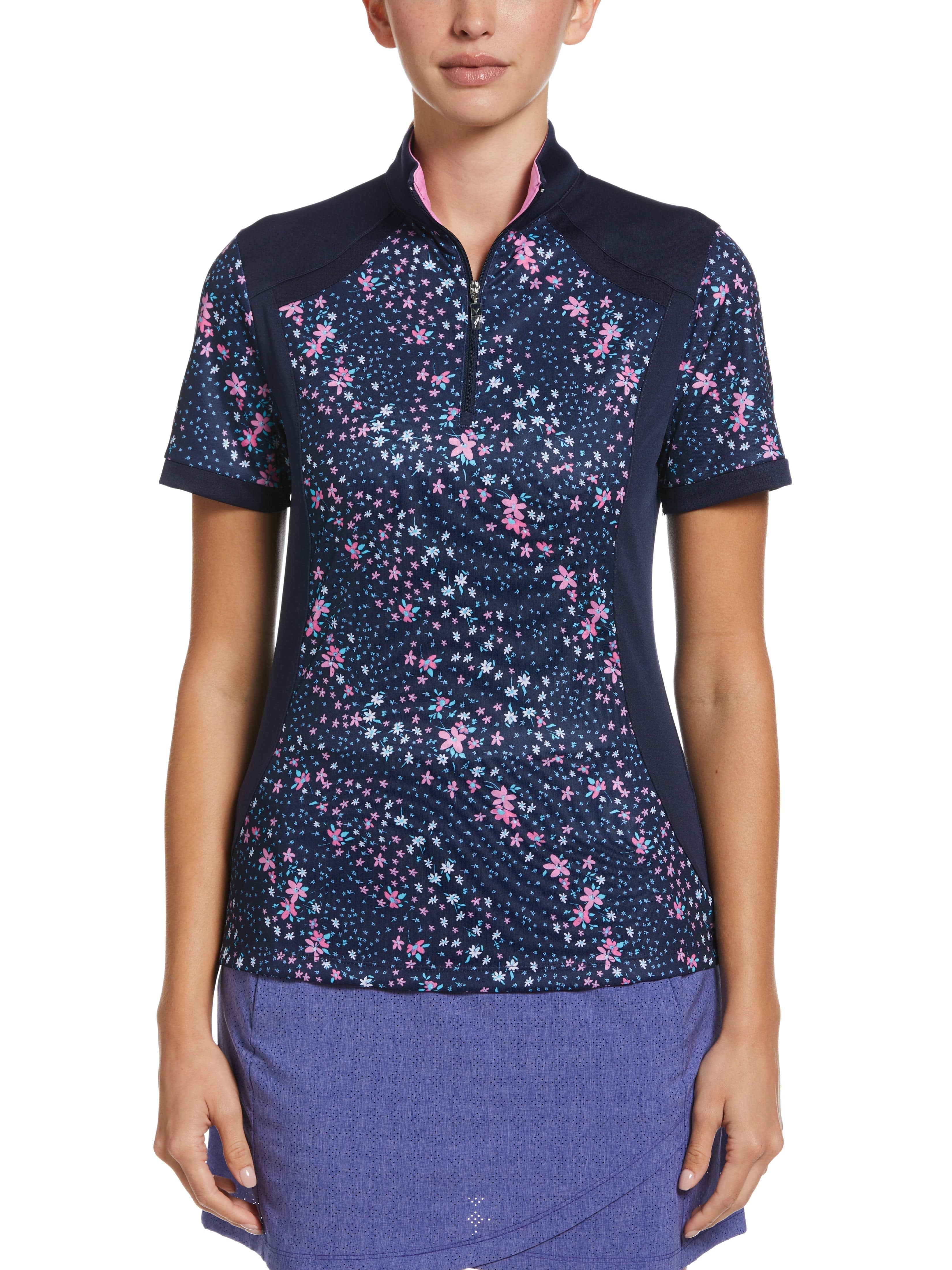 Callaway Apparel Womens Mini Floral Print Zip Golf Polo Shirt, Size Small, Navy Blue, 100% Polyester | Golf Apparel Shop