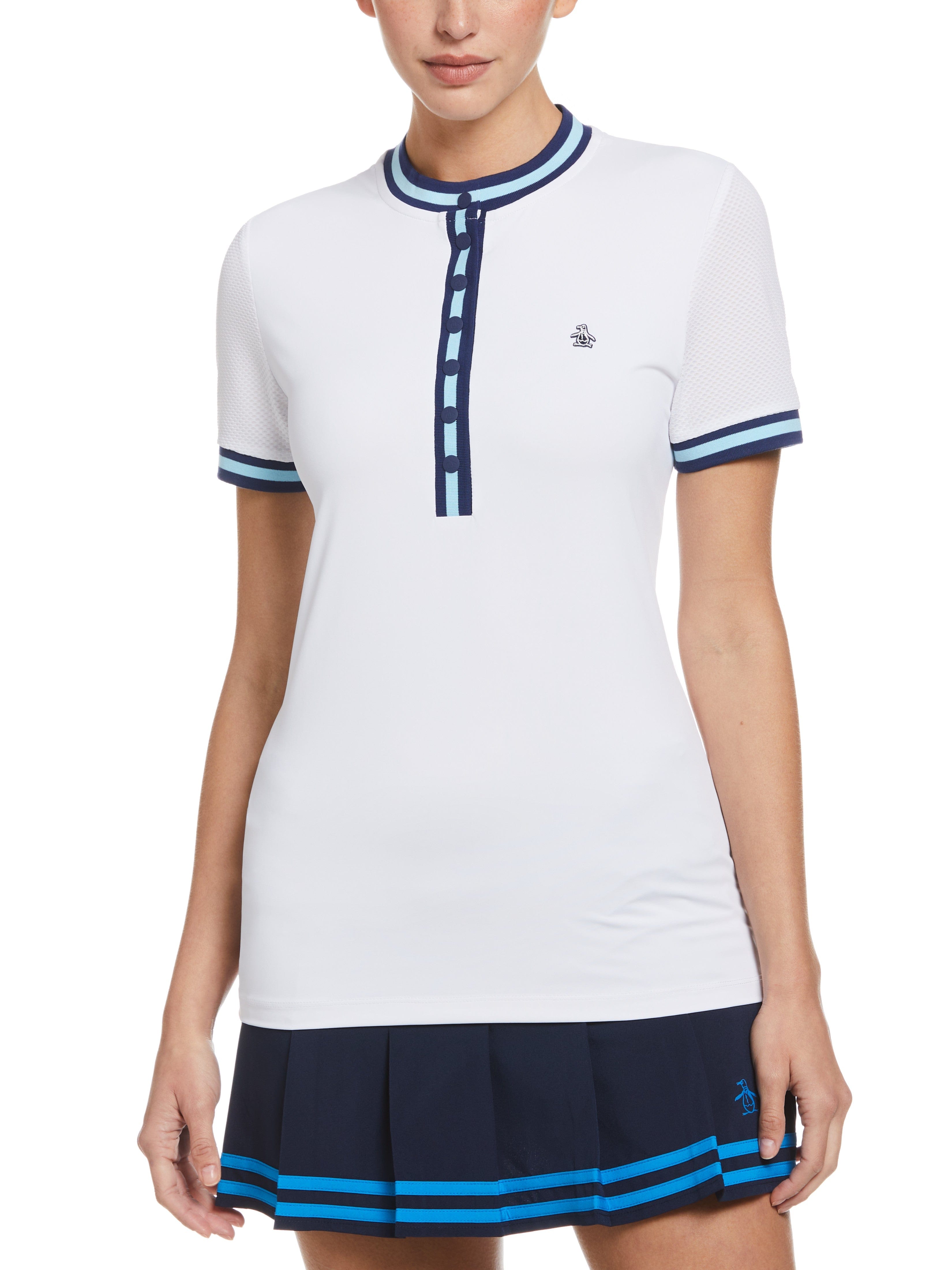 Original Penguin Womens Stripe Rib Collar Golf Polo Shirt, Size XS, White, Polyester/Recycled Polyester/Elastane | Golf Apparel Shop