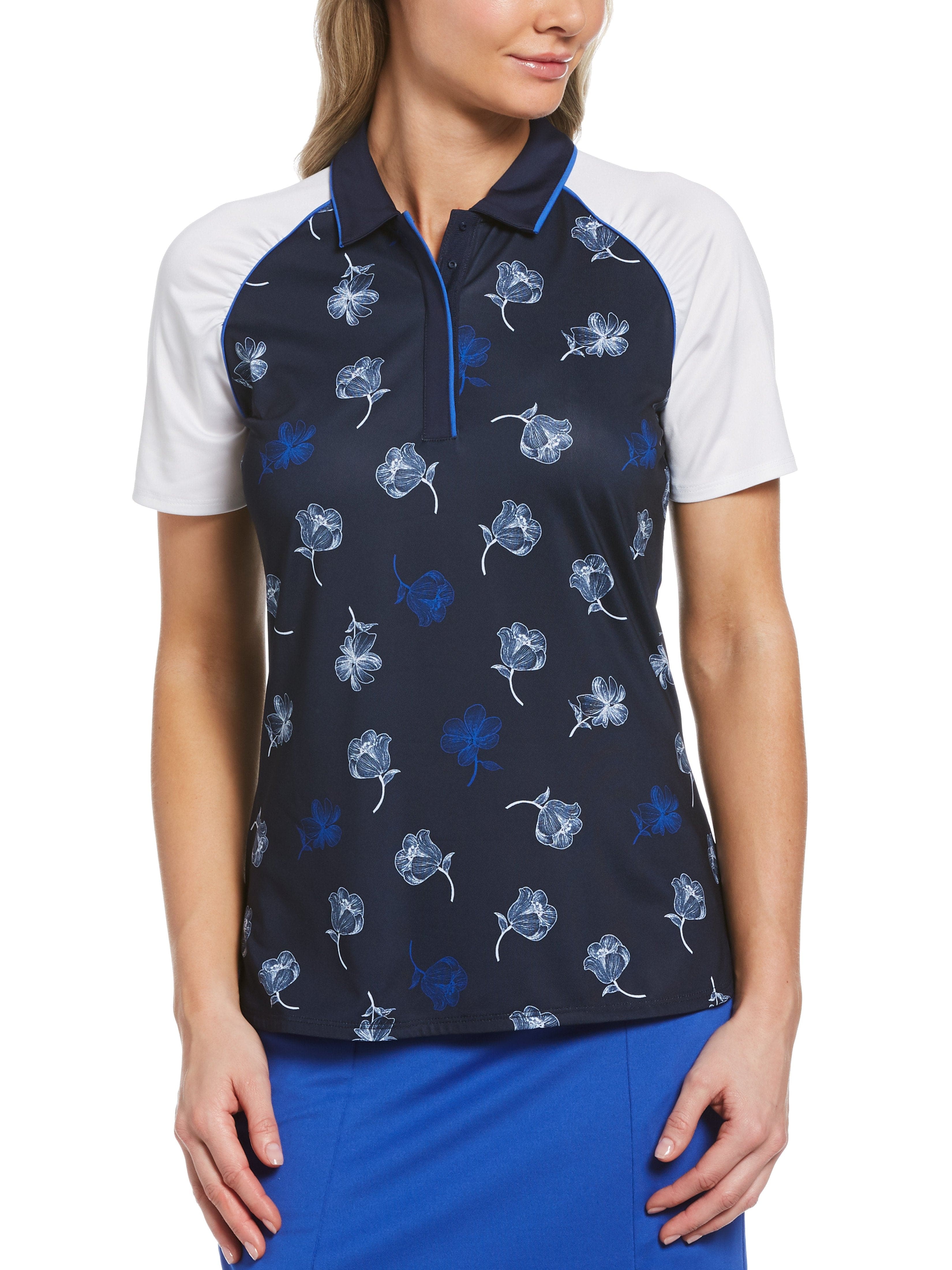 Callaway Apparel Womens Swing Tech™ Floral Print Golf Polo Shirt, Size Small, Navy Blue, Polyester/Recycled Polyester/Elastane | Golf Apparel Shop