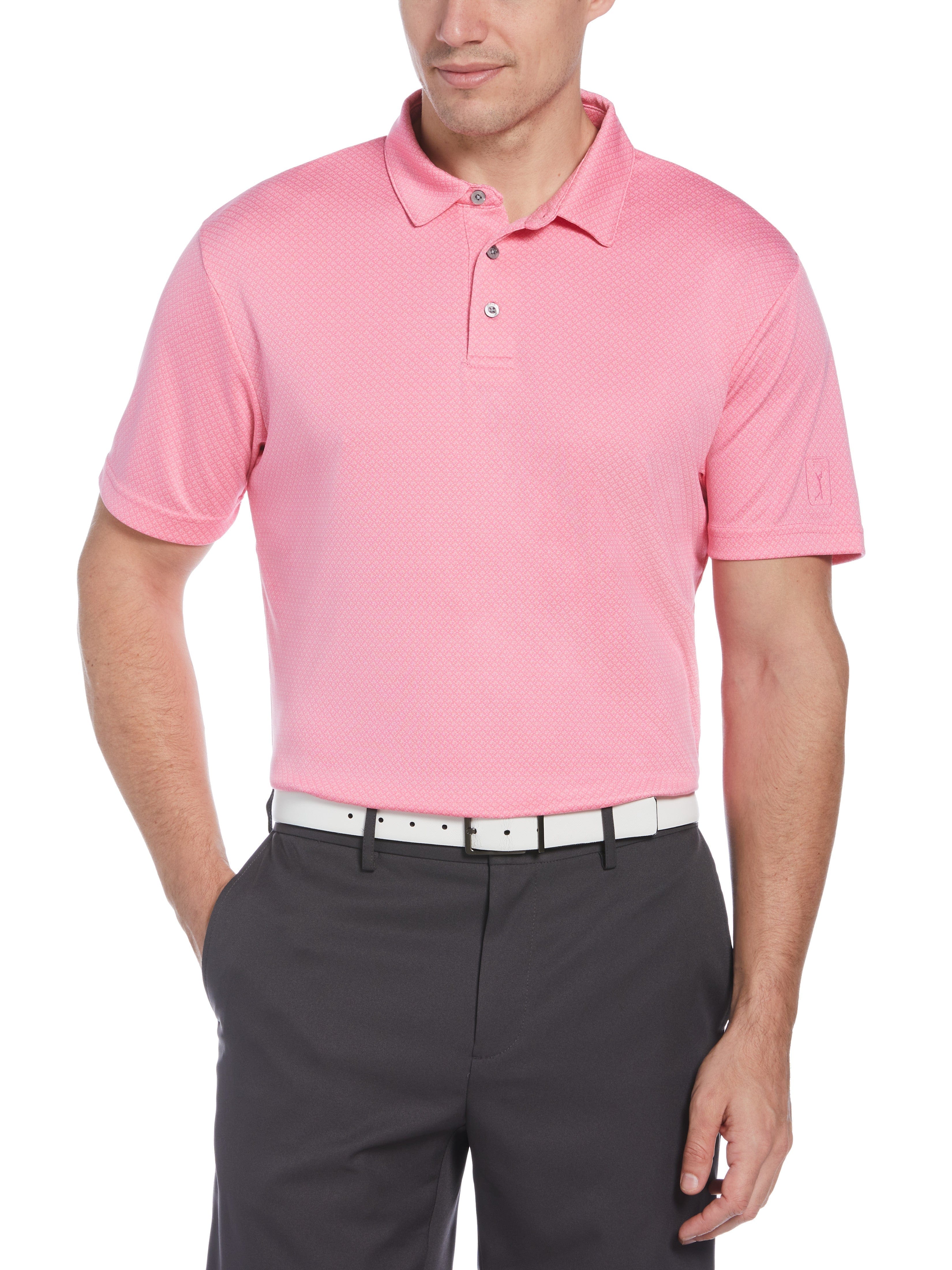 PGA TOUR Apparel Mens Big & Tall Micro Geo Jacquard Golf Polo Shirt, Size 1X, Pink Carnation, 100% Polyester | Golf Apparel Shop