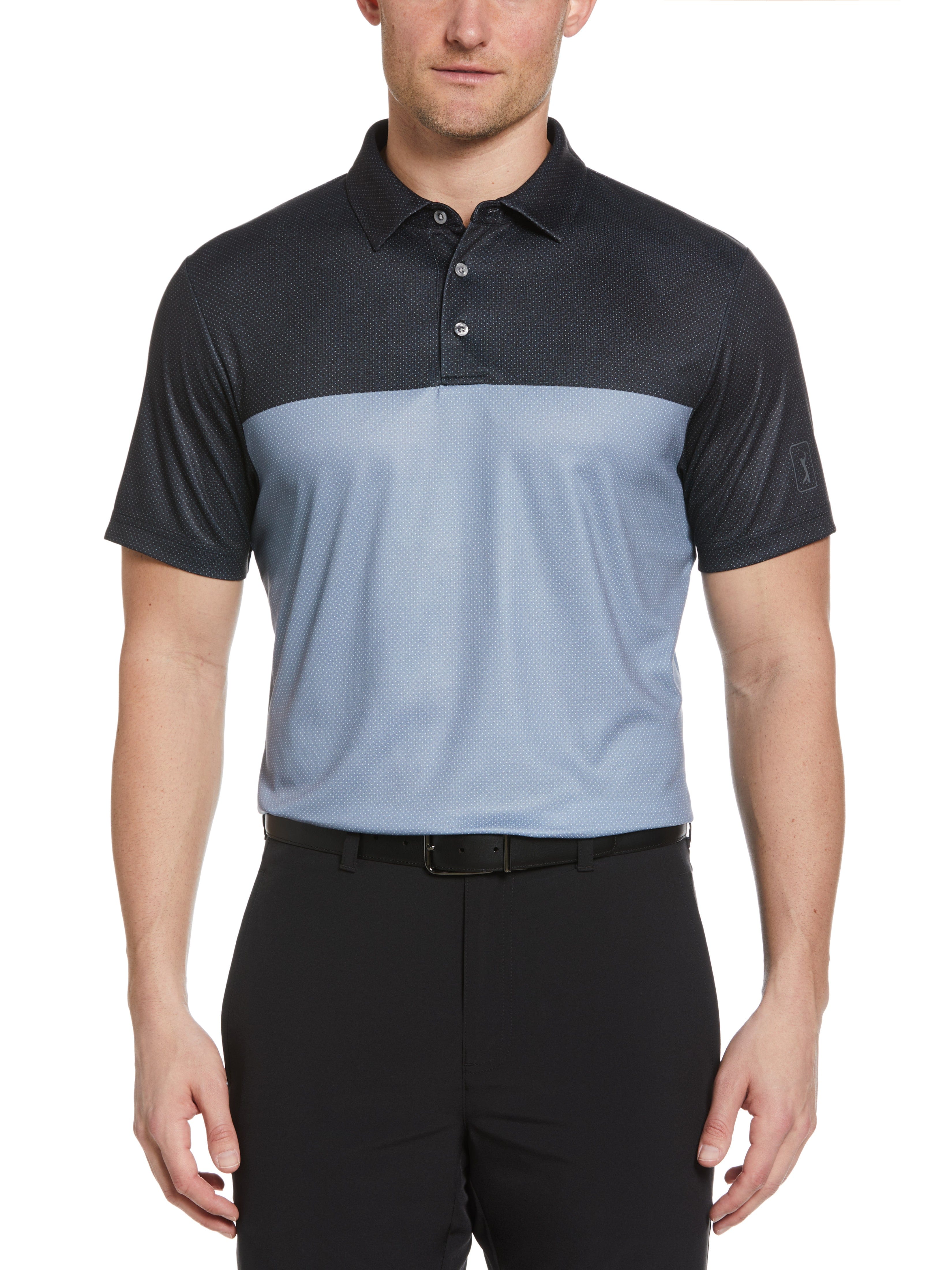 PGA TOUR Apparel Mens AirFlux™ Color Block Golf Polo Shirt w/ Self Collar, Size Small, Black, 100% Polyester | Golf Apparel Shop