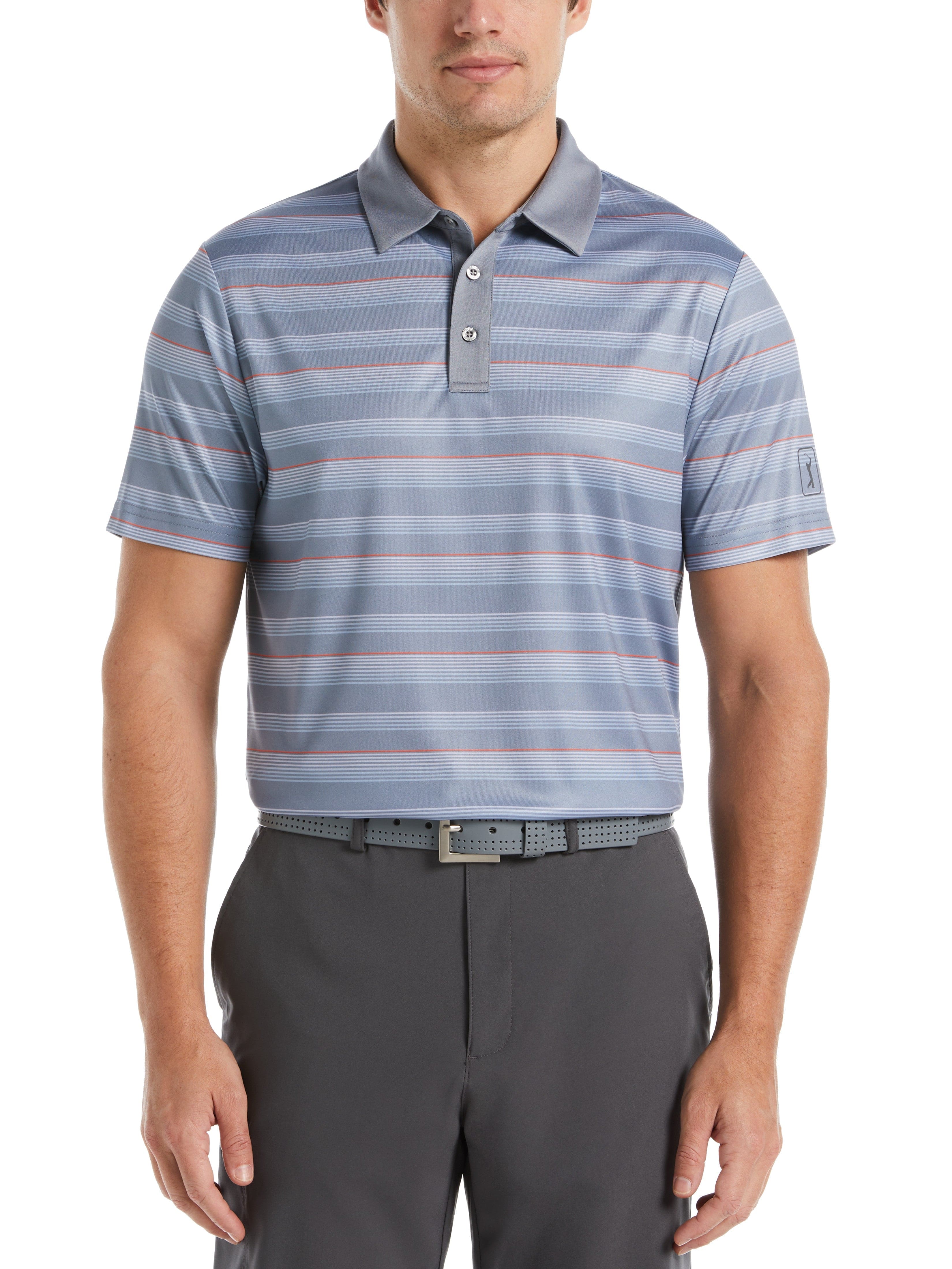 PGA TOUR Apparel Mens Allover Energy Stripe Golf Polo Shirt, Size Medium, Tradewinds Gray, 100% Polyester | Golf Apparel Shop