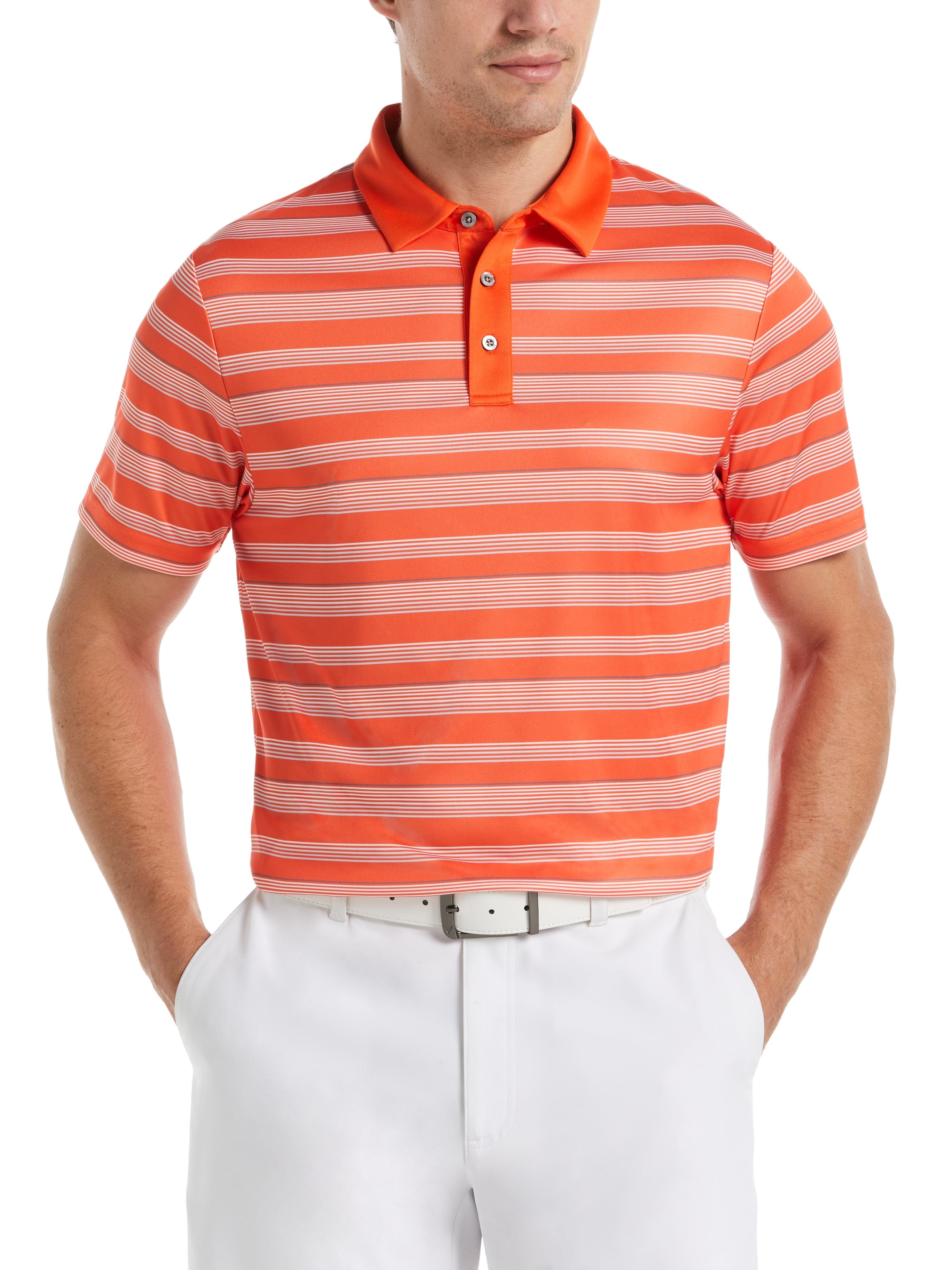 PGA TOUR Apparel Mens Allover Energy Stripe Golf Polo Shirt, Size Large, Vermillion Orange, 100% Polyester | Golf Apparel Shop